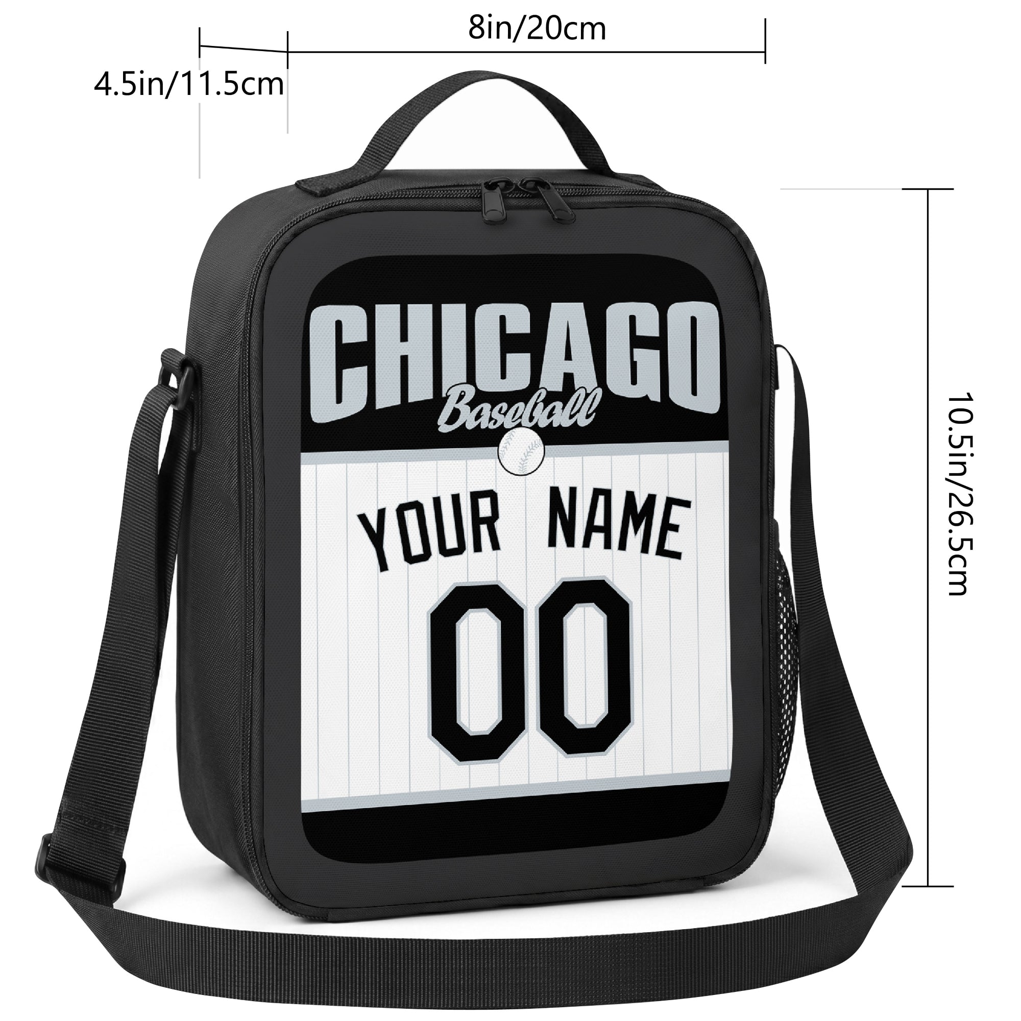 Chicago Black and White personalized baseball lunch bag size guide showing 8 by 4.5 by 10.5 inch dimensions