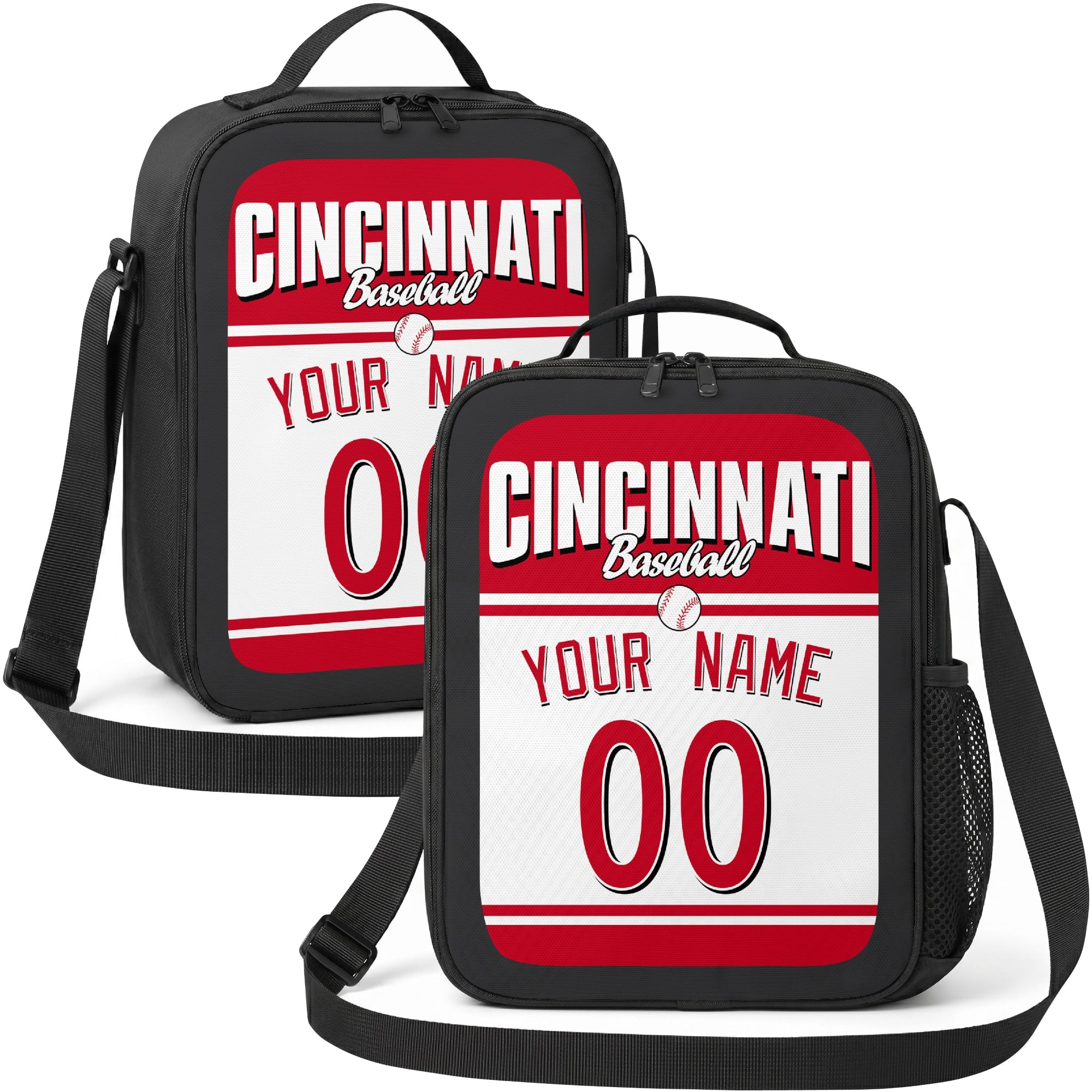 Cincinnati personalized baseball lunch bag in red white and black showing front and angled views with custom name and number