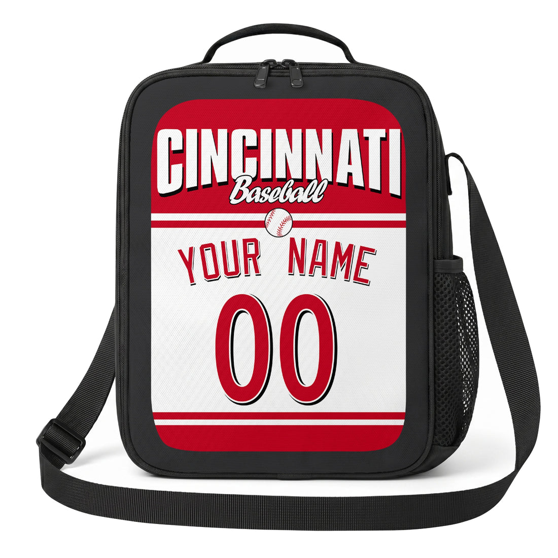Cincinnati personalized baseball lunch bag in red white and black showing front and angled views with custom name and number