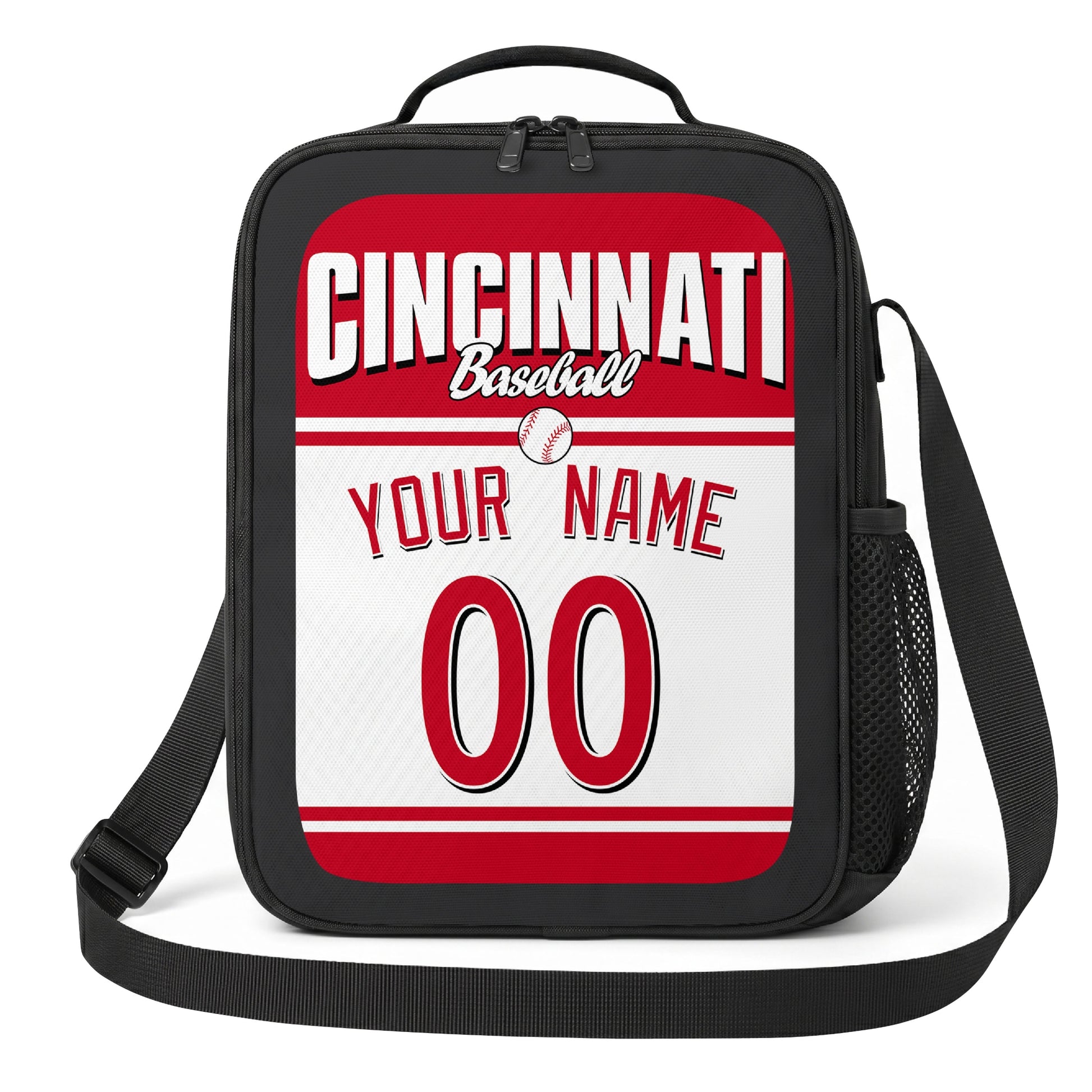 Cincinnati red white and black personalized baseball lunch bag angled front view with city lettering and custom name number