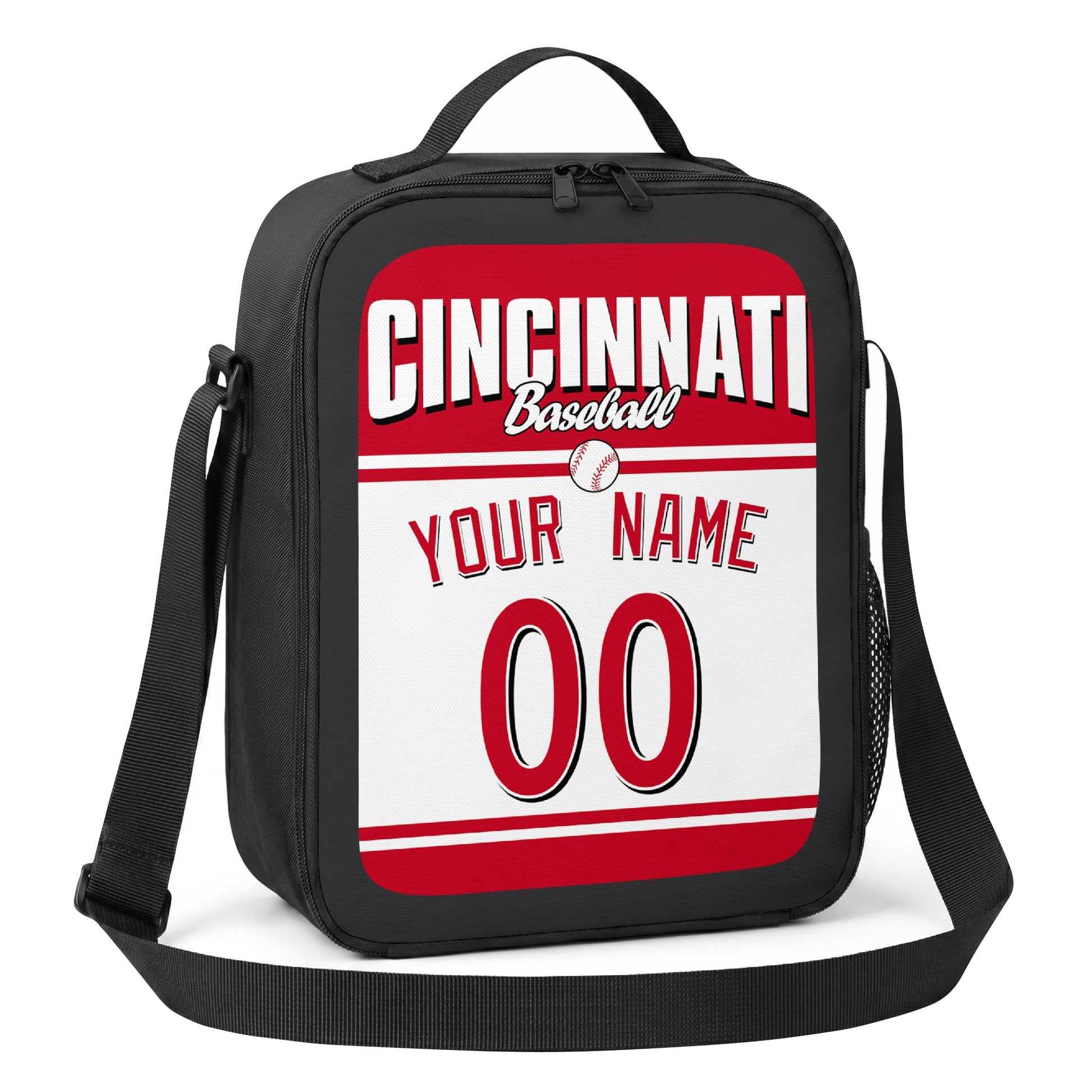 Cincinnati red white and black personalized baseball lunch bag alternate angle with side mesh pocket top handle and shoulder strap