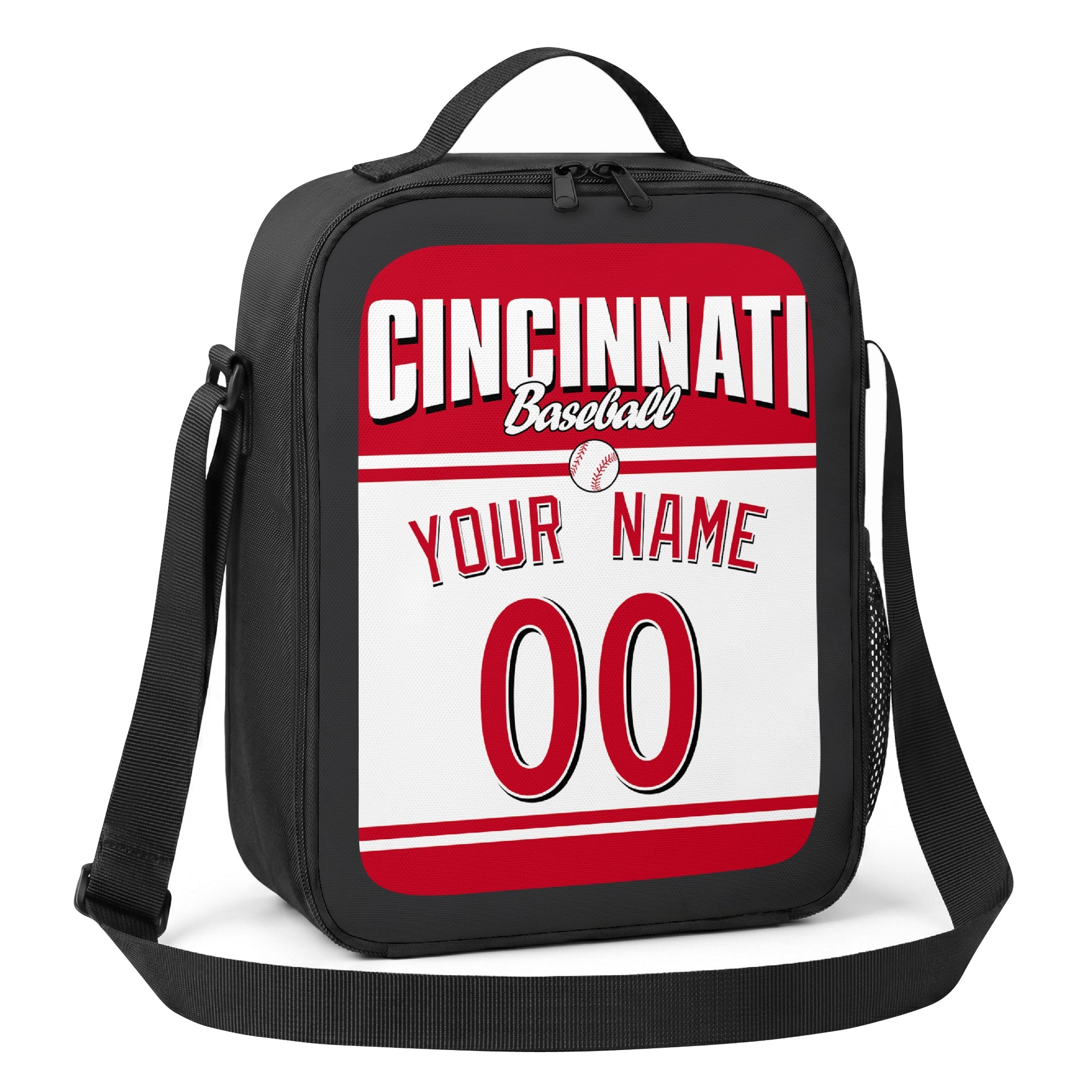 Cincinnati red white and black personalized baseball lunch bag alternate angle with side mesh pocket top handle and shoulder strap