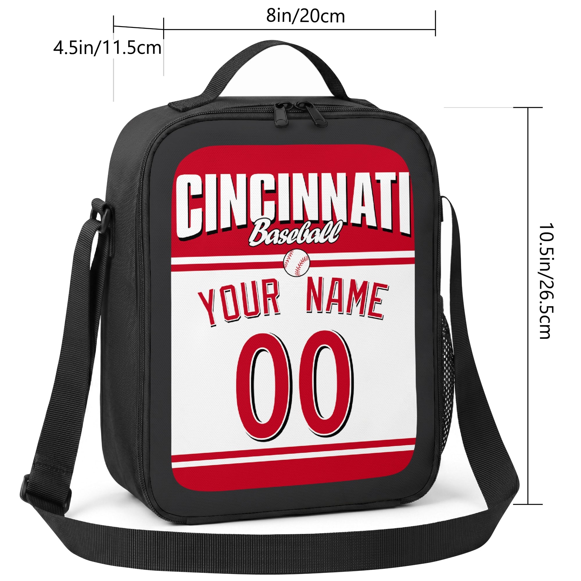Cincinnati personalized baseball lunch bag size guide showing 8 by 4.5 by 10.5 inch dimensions