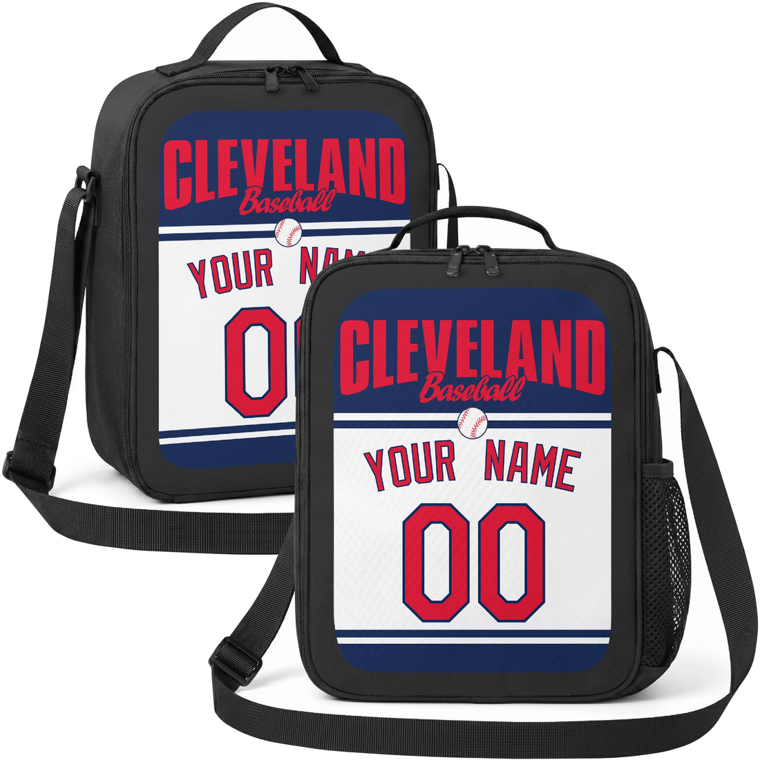 Cleveland personalized baseball lunch bag in navy red and white showing front and angled views with custom name and number