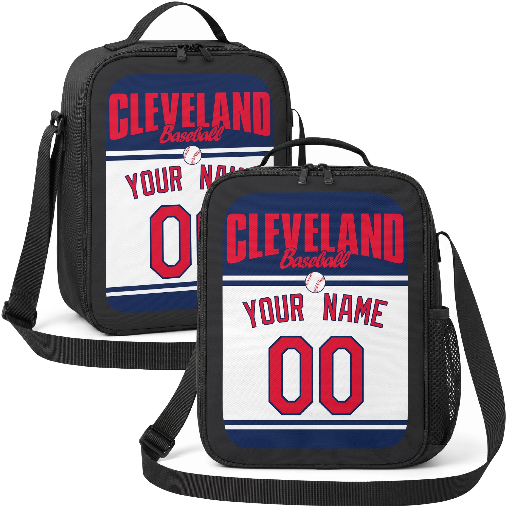 Cleveland personalized baseball lunch bag in navy red and white showing front and angled views with custom name and number