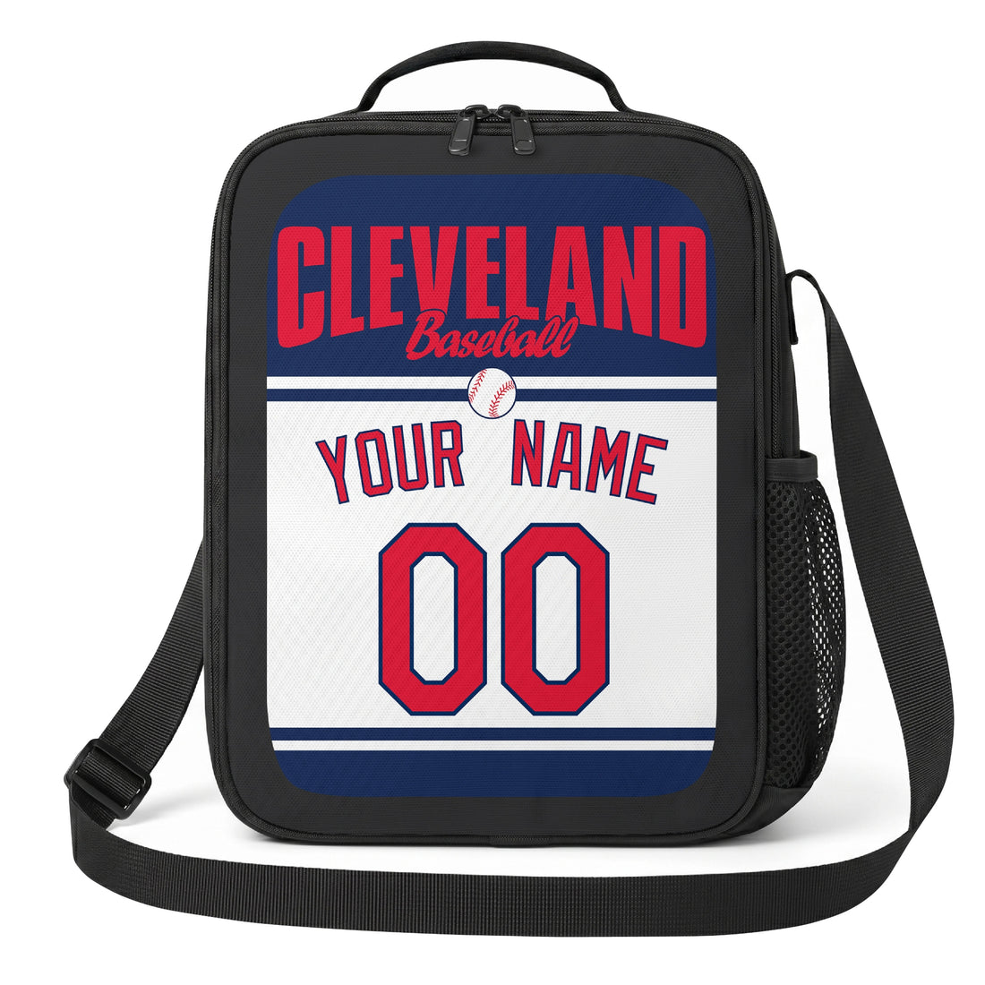 Cleveland personalized baseball lunch bag in navy red and white showing front and angled views with custom name and number
