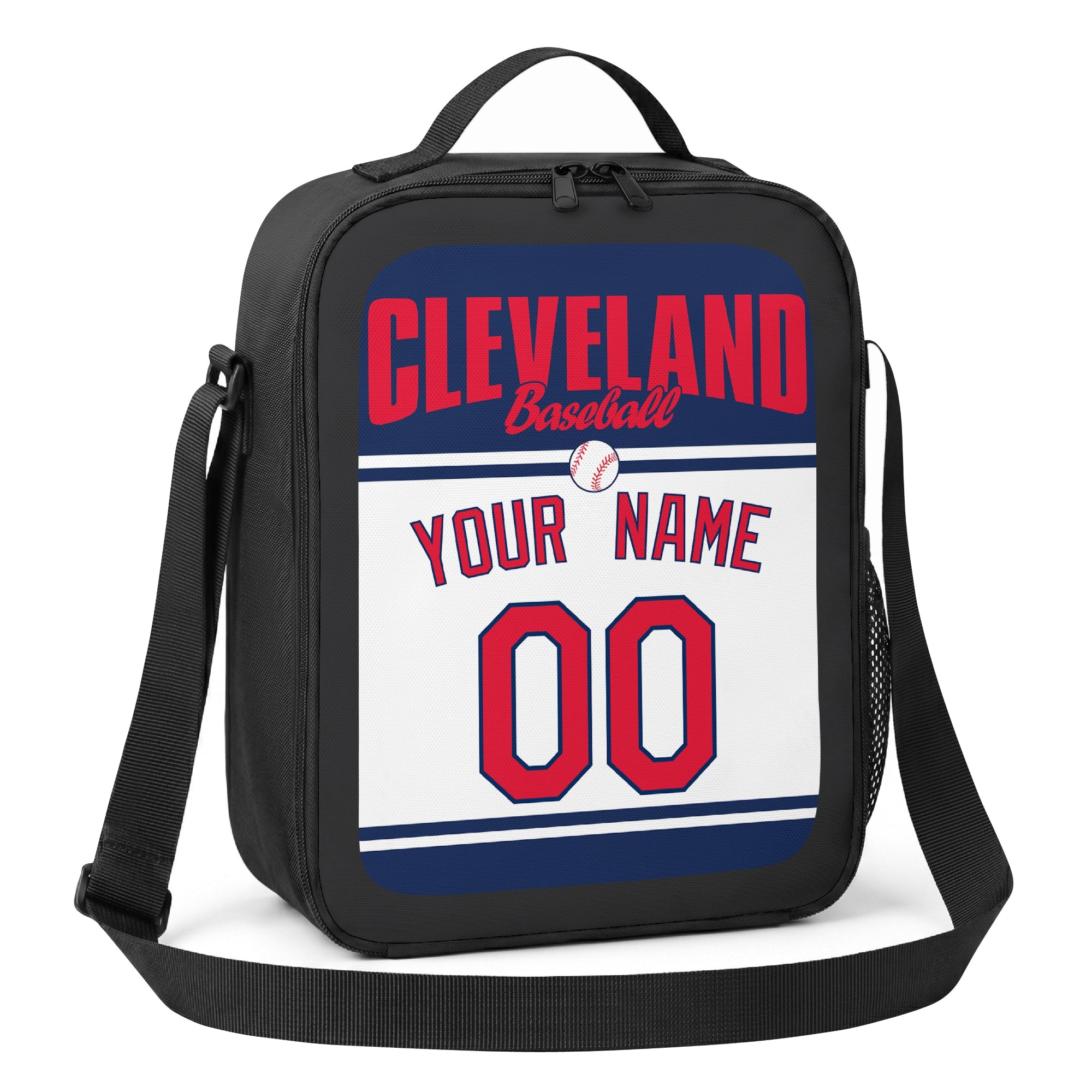 Cleveland navy red and white personalized baseball lunch bag alternate angle with side mesh pocket top handle and shoulder strap