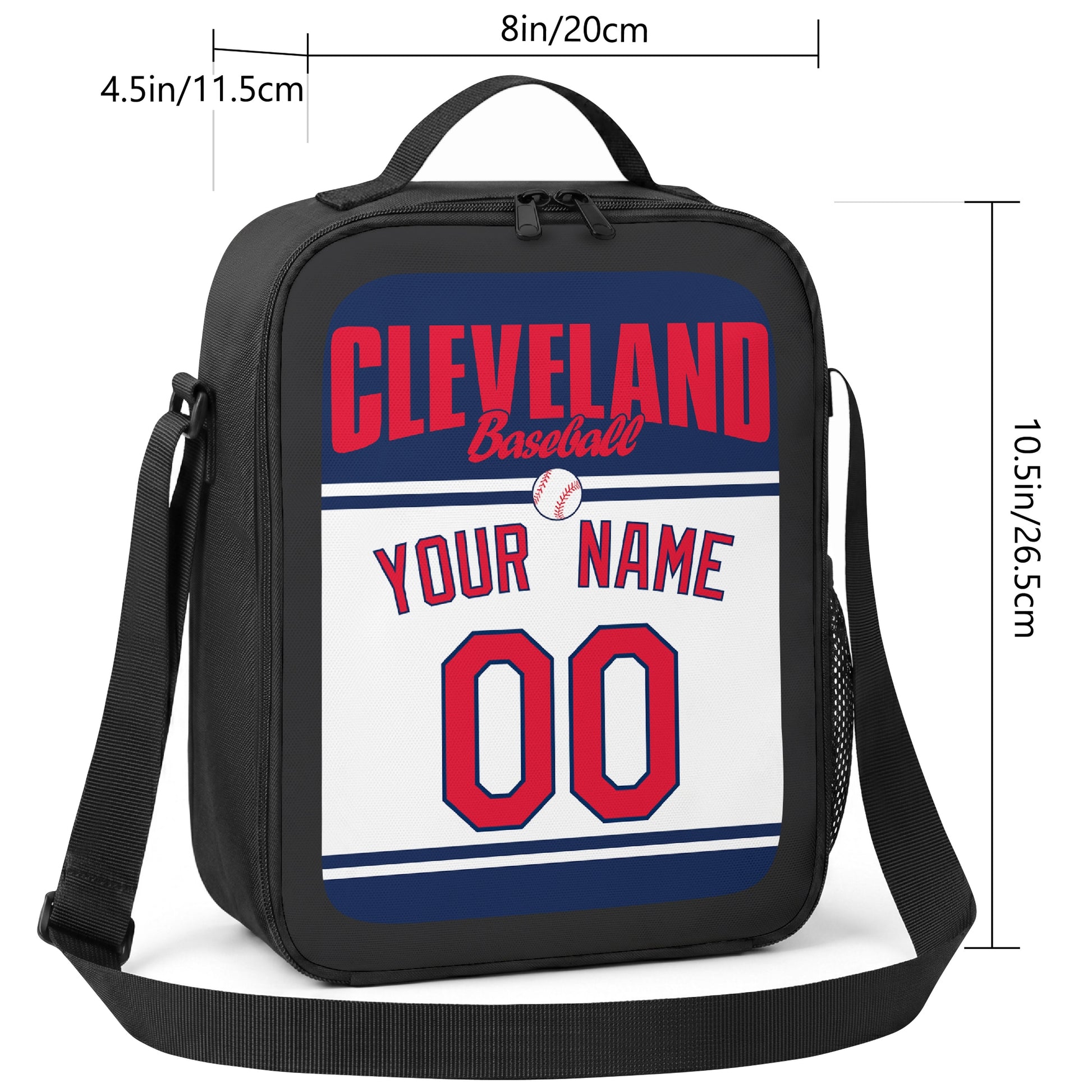 Cleveland personalized baseball lunch bag size guide showing 8 by 4.5 by 10.5 inch dimensions