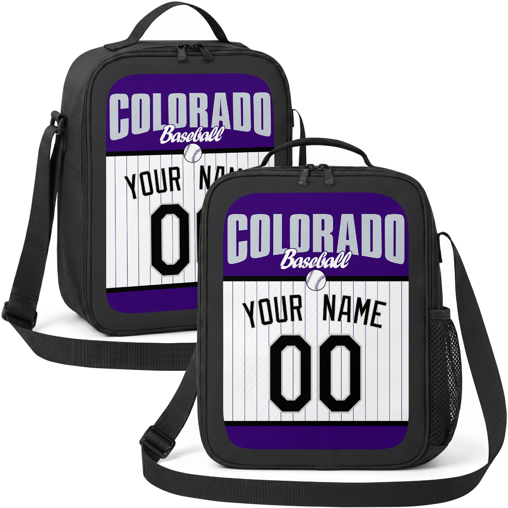 Colorado personalized baseball lunch bag in purple black and white showing front and angled views with custom name and number