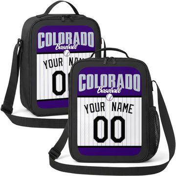 Colorado personalized baseball lunch bag in purple black and white showing front and angled views with custom name and number