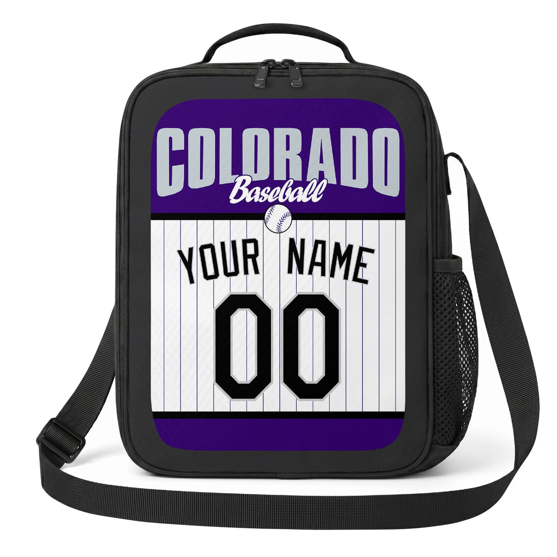 Colorado personalized baseball lunch bag in purple black and white showing front and angled views with custom name and number