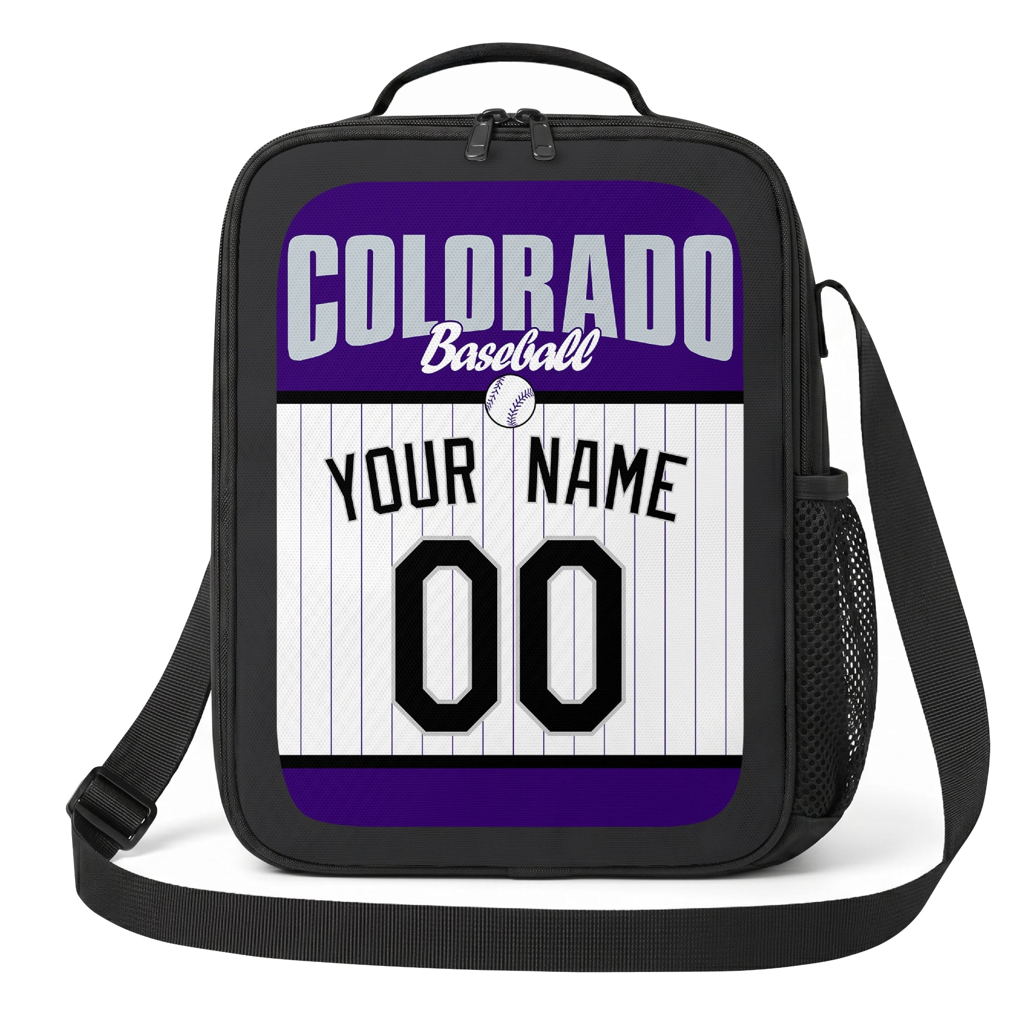 Colorado purple black and white personalized baseball lunch bag angled front view with city lettering and custom name number