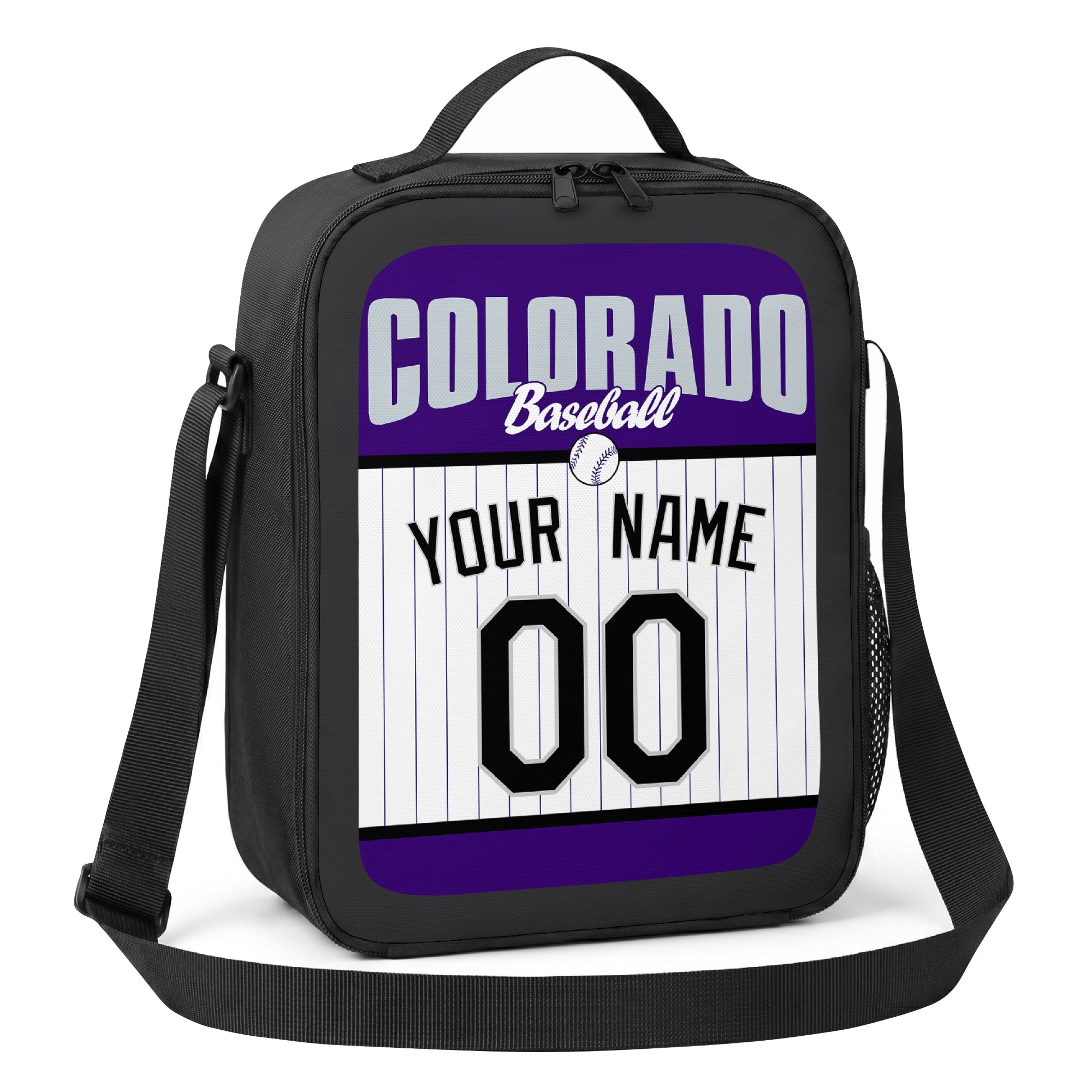 Colorado purple black and white personalized baseball lunch bag alternate angle with side mesh pocket top handle and shoulder strap