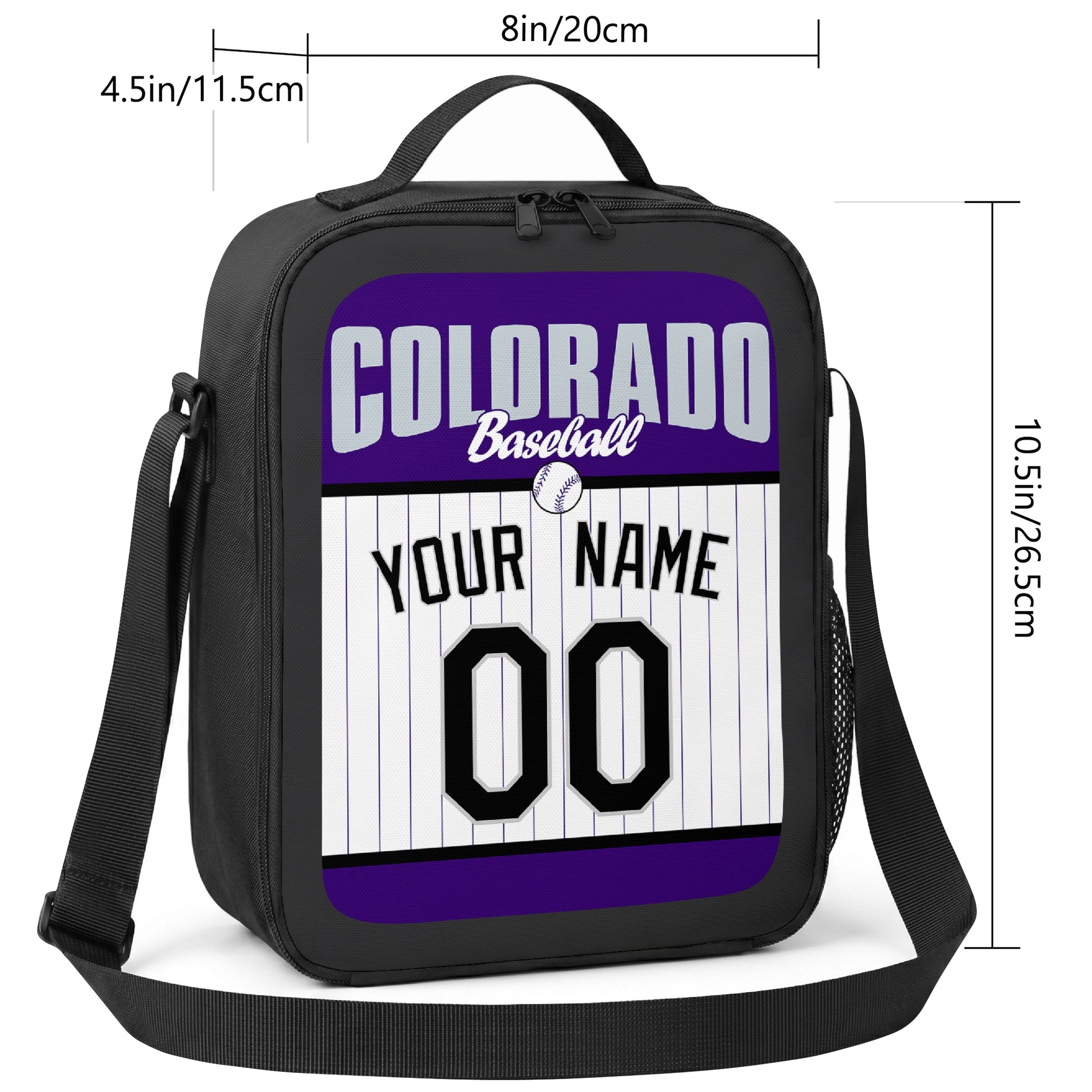 Colorado personalized baseball lunch bag size guide showing 8 by 4.5 by 10.5 inch dimensions