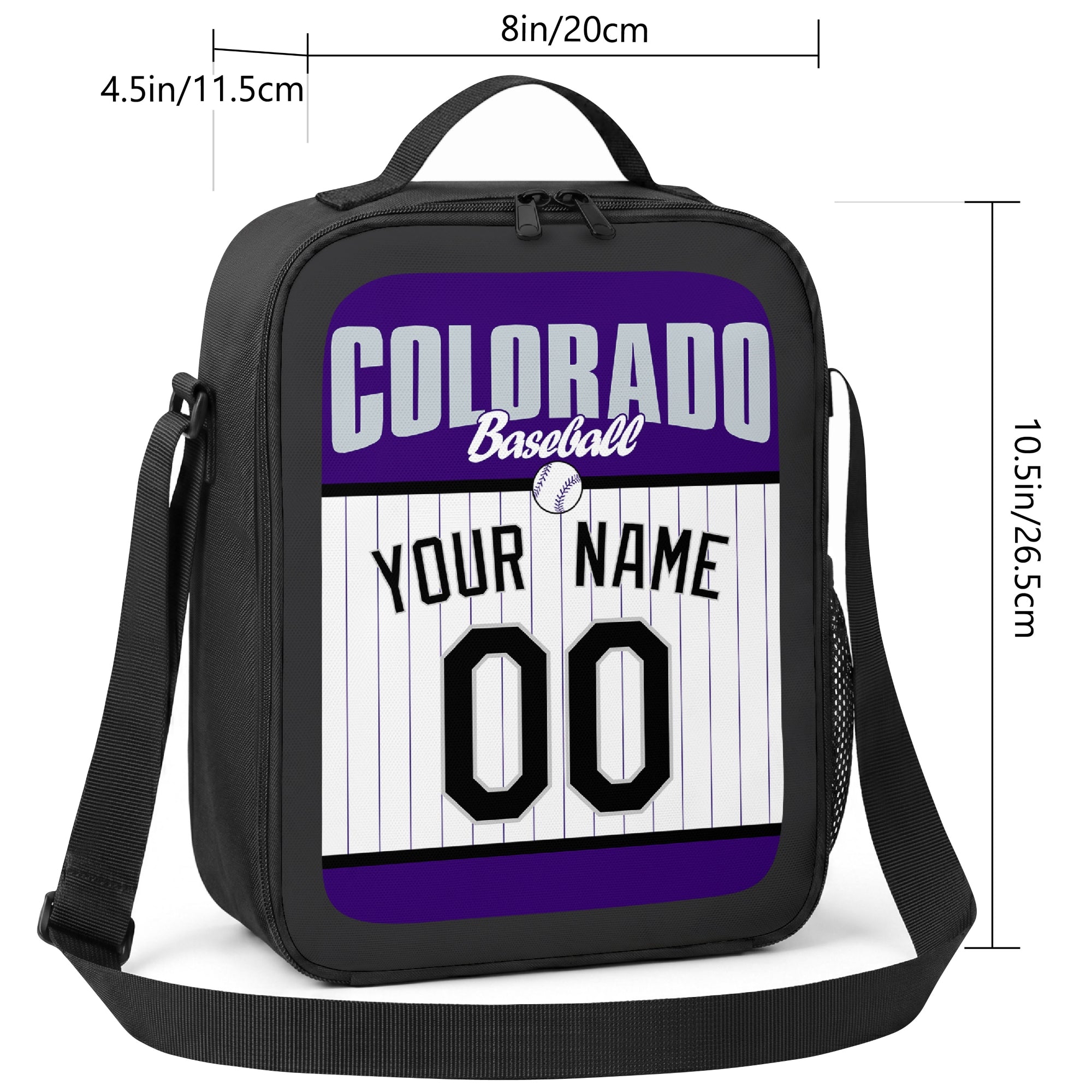 Colorado personalized baseball lunch bag size guide showing 8 by 4.5 by 10.5 inch dimensions