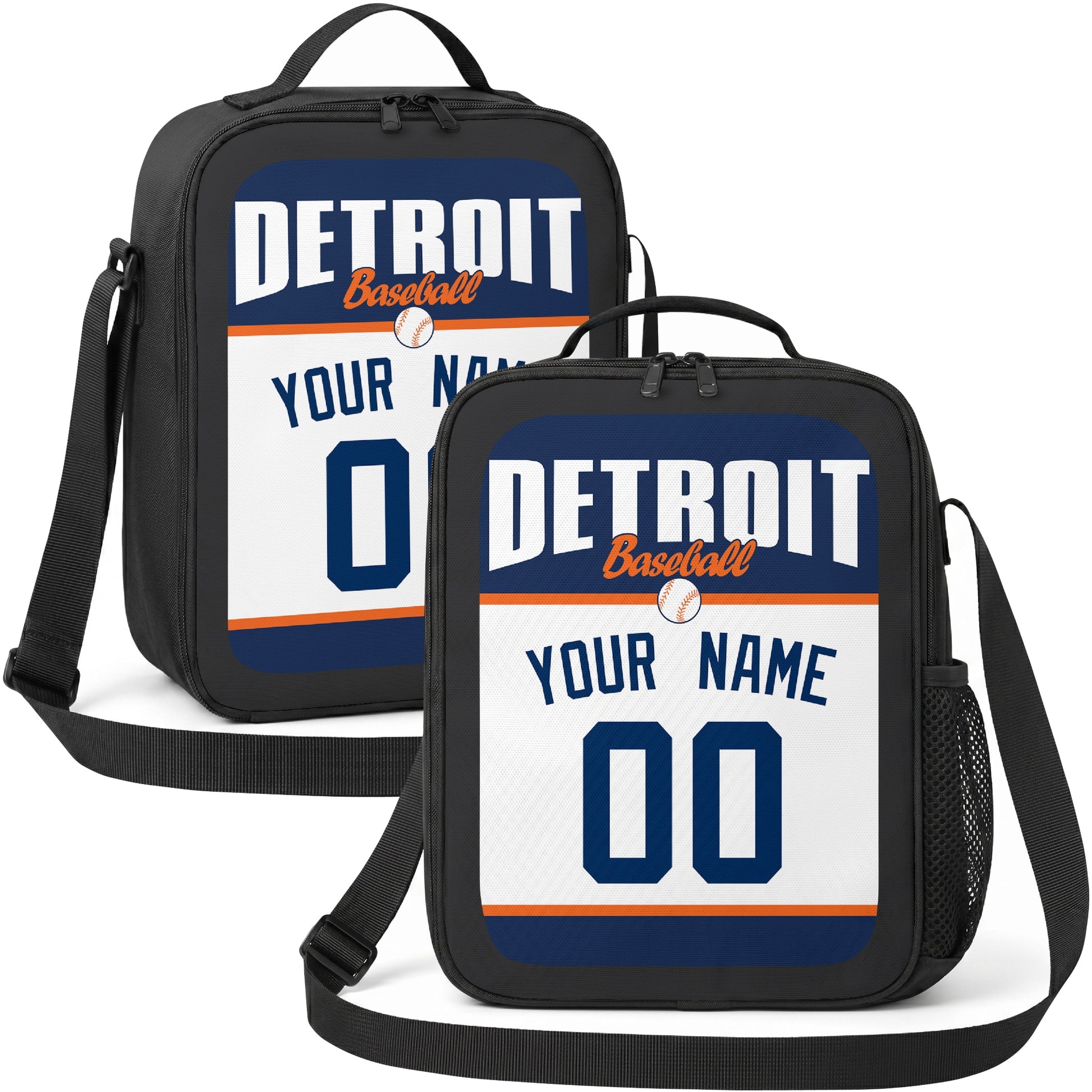 Detroit personalized baseball lunch bag in navy orange and white showing front and angled views with custom name and number