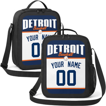 Detroit personalized baseball lunch bag in navy orange and white showing front and angled views with custom name and number