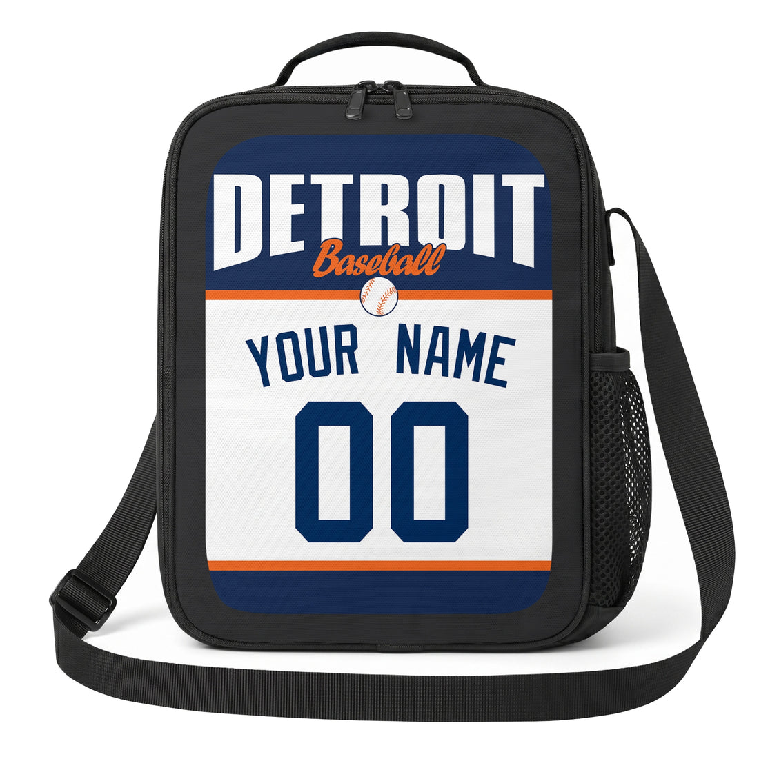 Detroit personalized baseball lunch bag in navy orange and white showing front and angled views with custom name and number