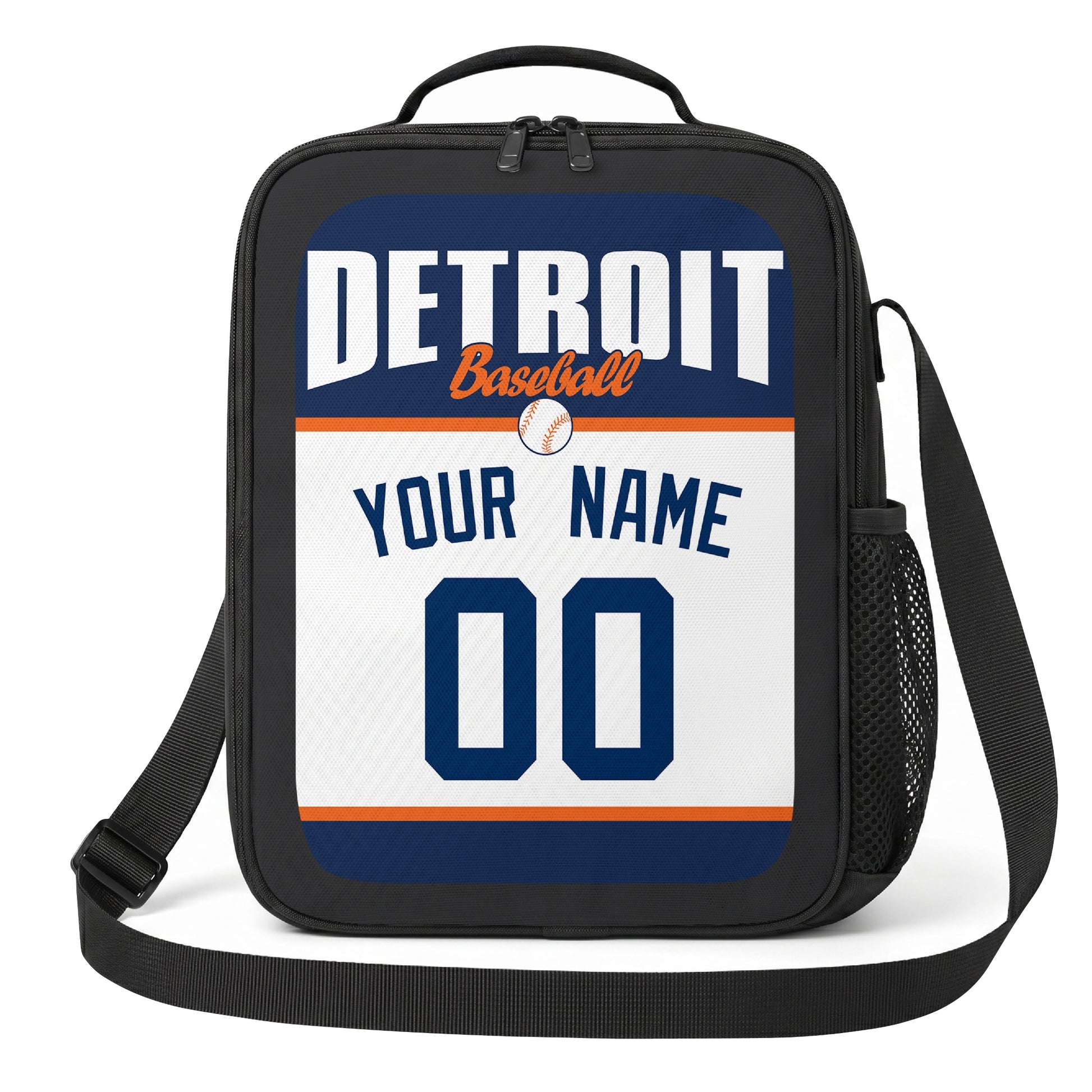Detroit navy orange and white personalized baseball lunch bag angled front view with city lettering and custom name number