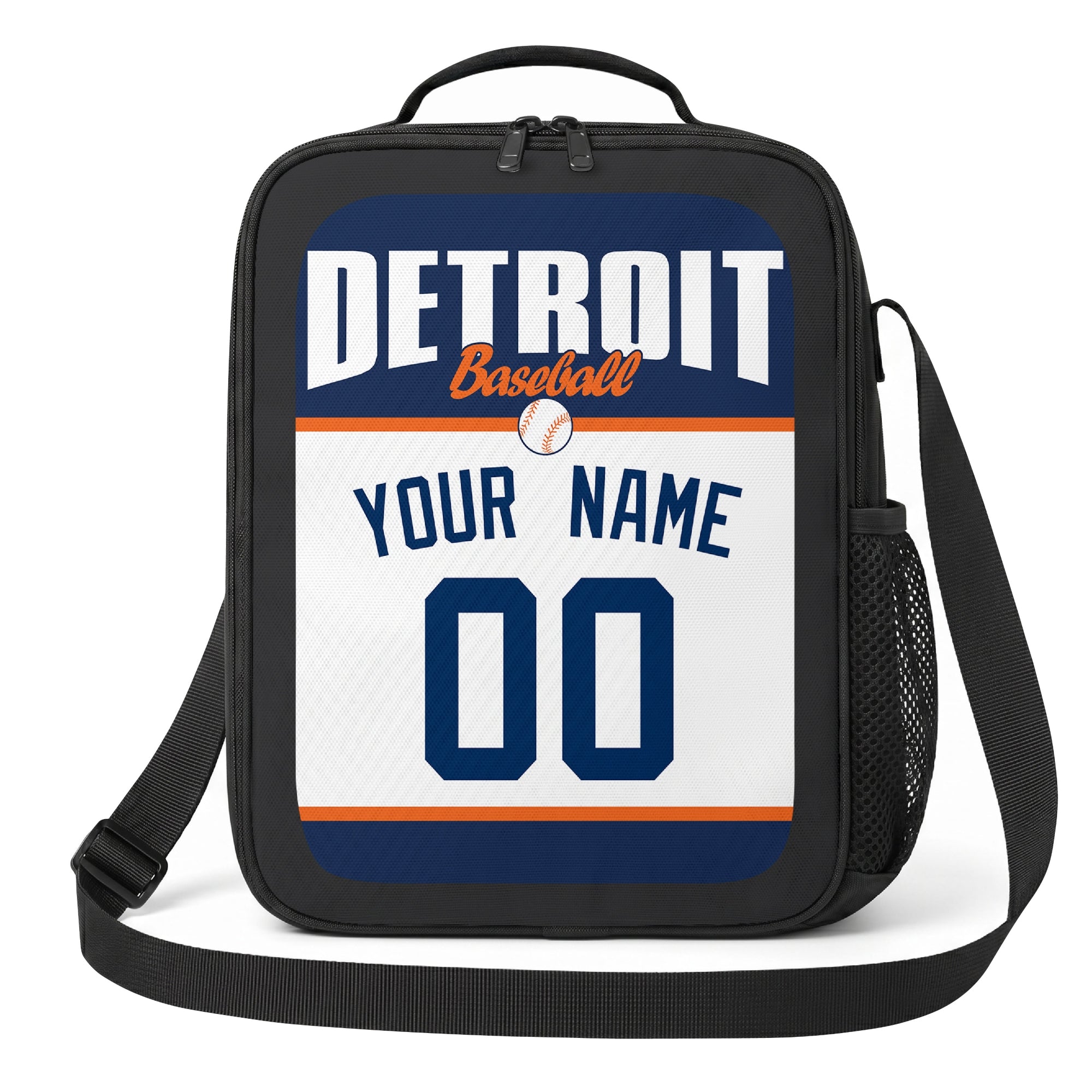 Detroit navy orange and white personalized baseball lunch bag angled front view with city lettering and custom name number