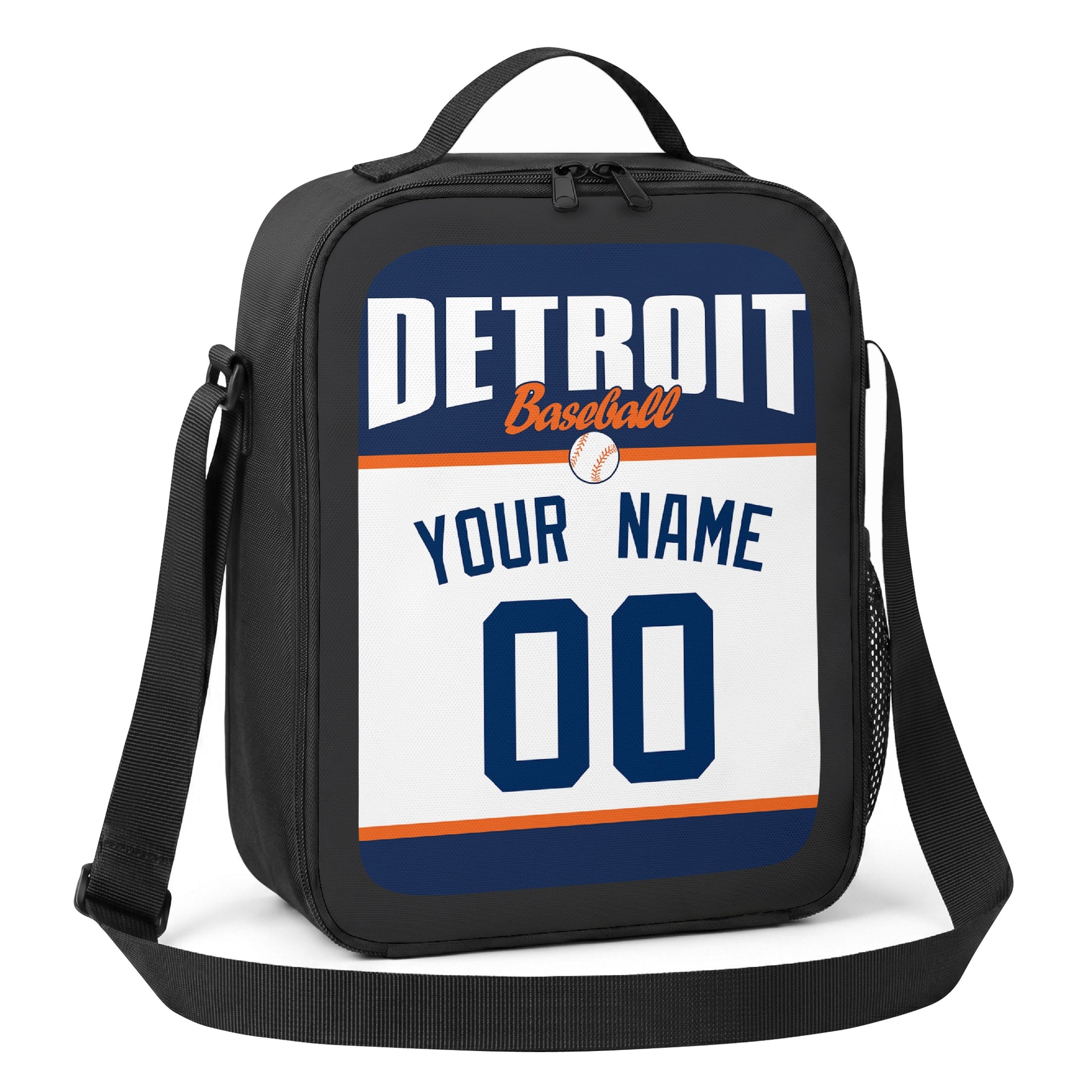 Detroit navy orange and white personalized baseball lunch bag alternate angle with side mesh pocket top handle and shoulder strap