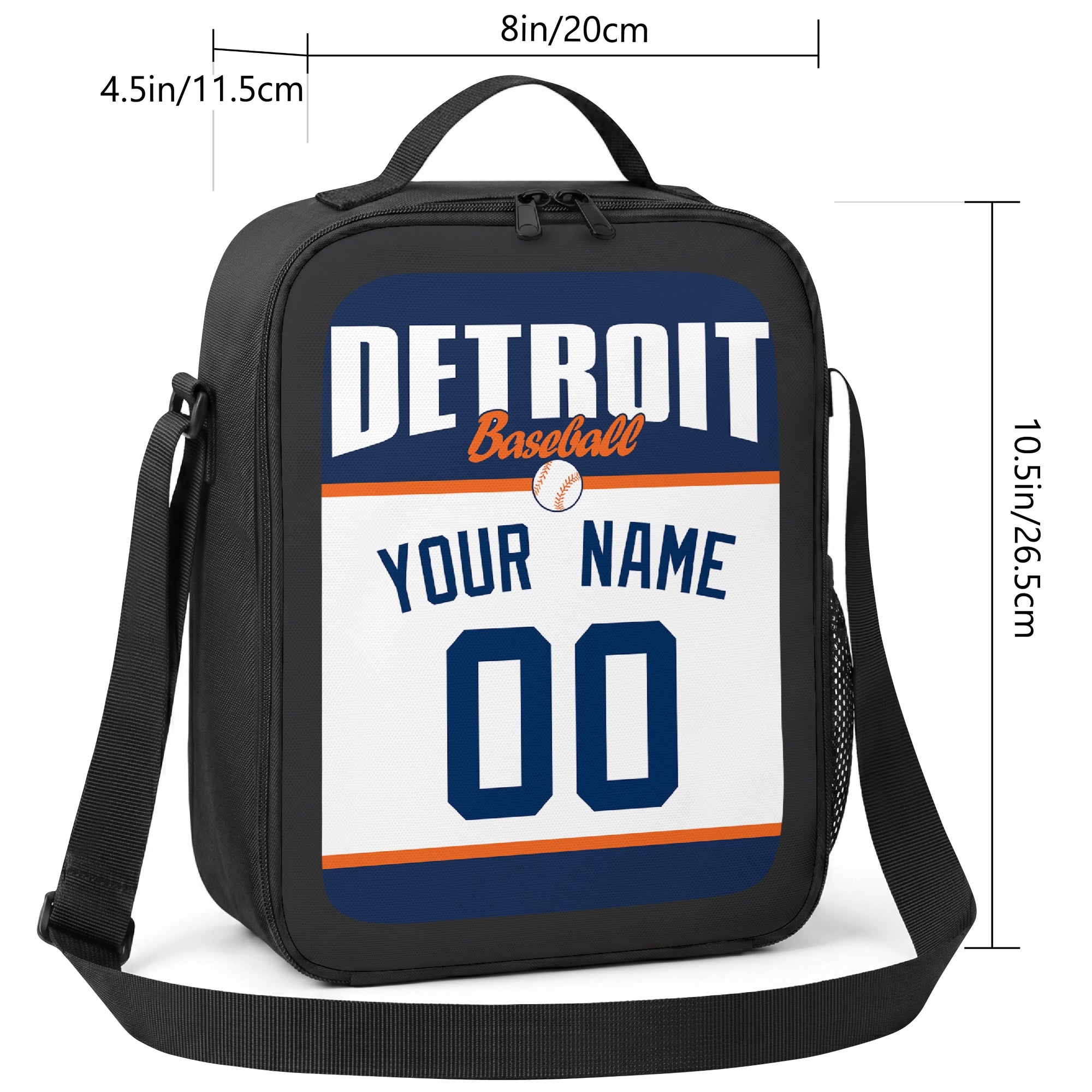 Detroit personalized baseball lunch bag size guide showing 8 by 4.5 by 10.5 inch dimensions