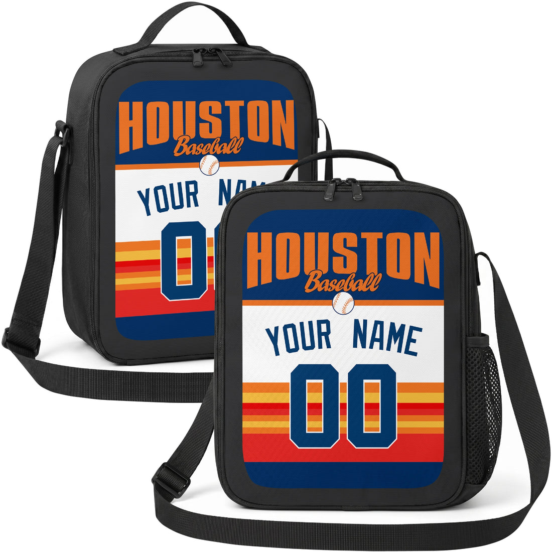 Houston personalized baseball lunch bag in navy orange teal and white showing front and angled views with custom name and number