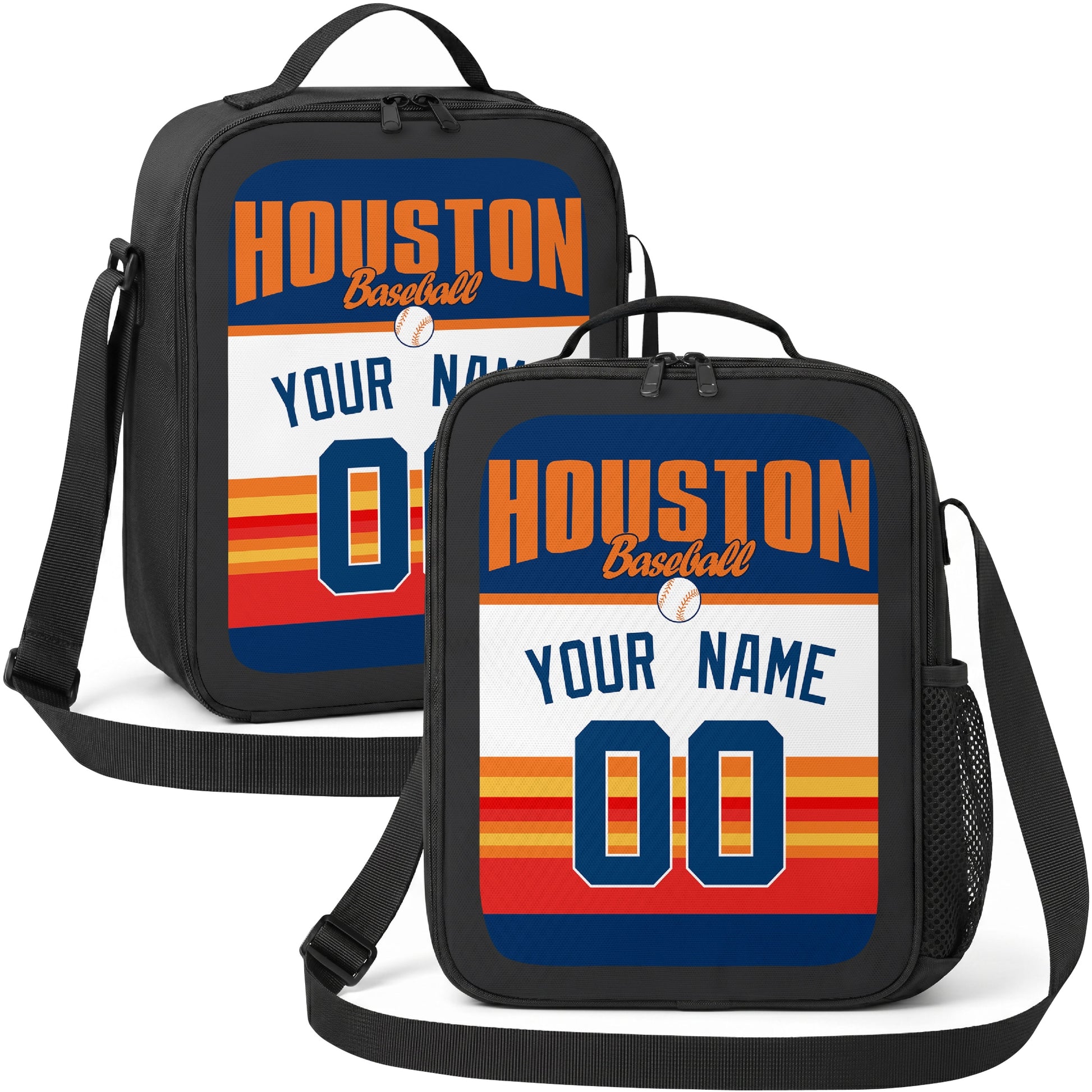 Houston personalized baseball lunch bag in navy orange teal and white showing front and angled views with custom name and number