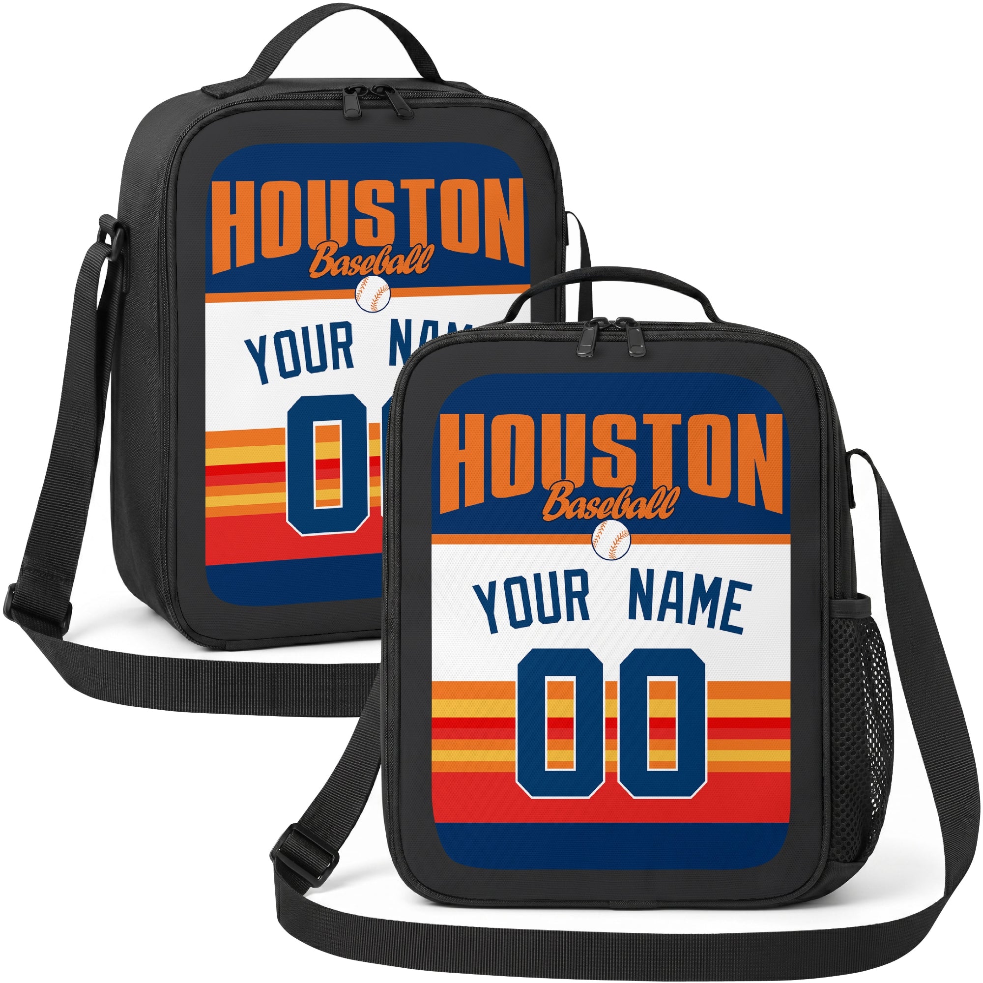 Houston personalized baseball lunch bag in navy orange teal and white showing front and angled views with custom name and number