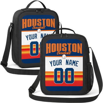 Houston personalized baseball lunch bag in navy orange teal and white showing front and angled views with custom name and number