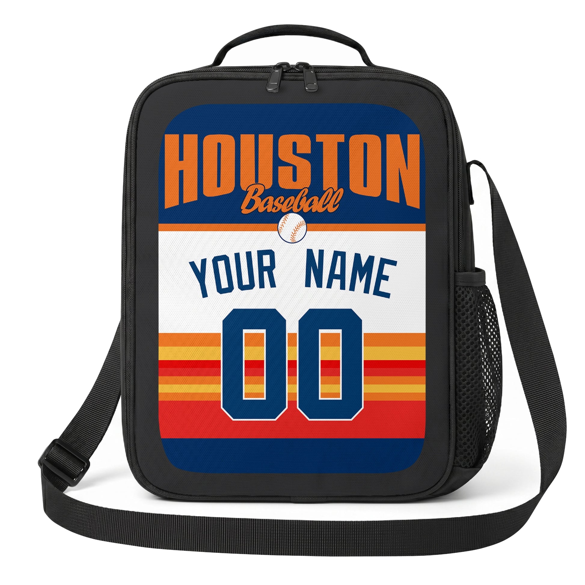 Houston navy orange teal and white personalized baseball lunch bag angled front view with city lettering and custom name number
