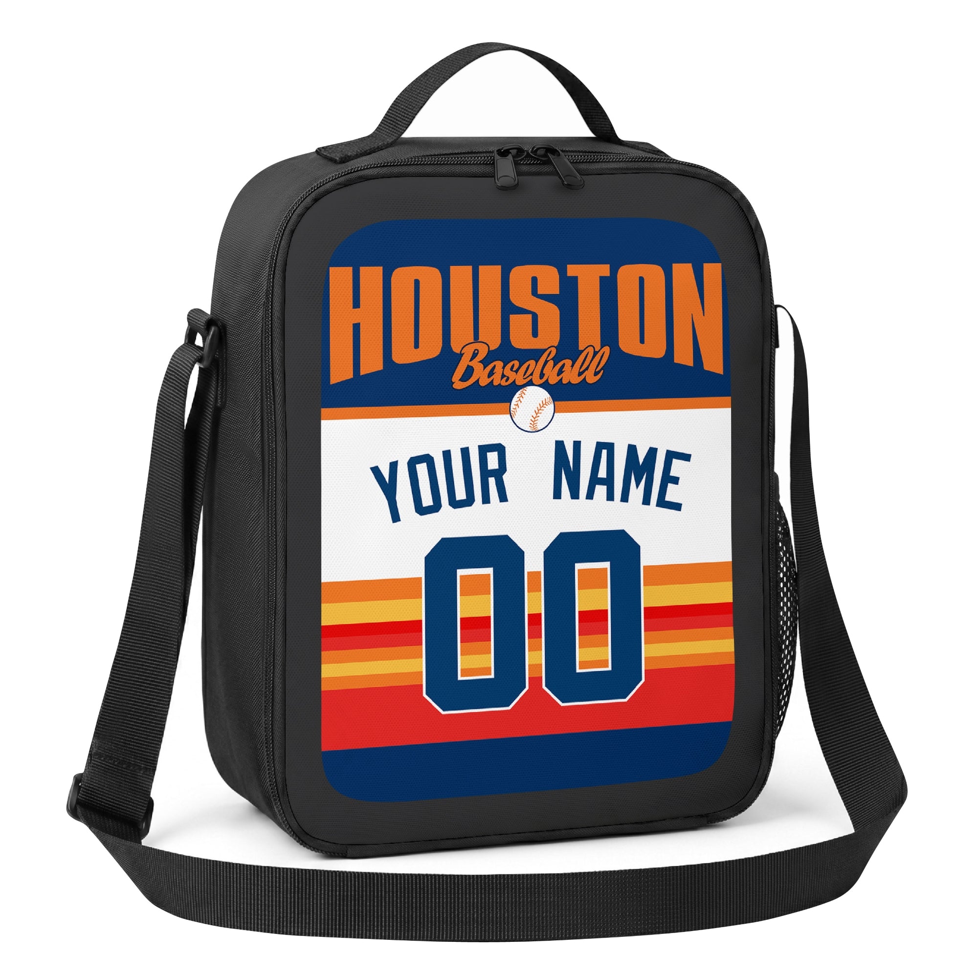 Houston navy orange teal and white personalized baseball lunch bag alternate angle with side mesh pocket top handle and shoulder strap