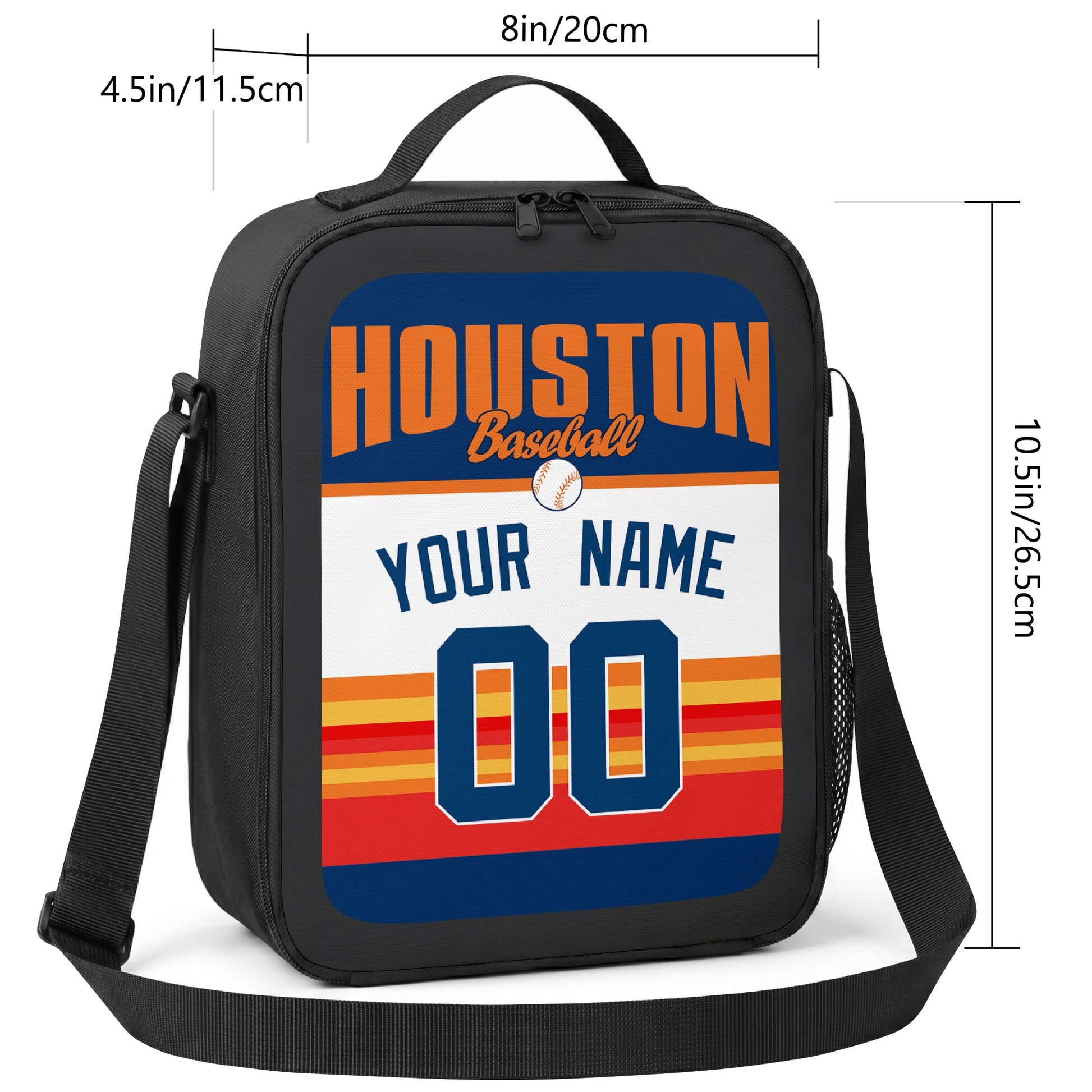 Houston personalized baseball lunch bag size guide showing 8 by 4.5 by 10.5 inch dimensions