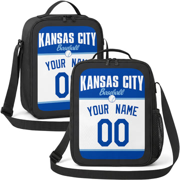 Kansas City personalized baseball lunch bag in royal blue and white showing front and angled views with custom name and number