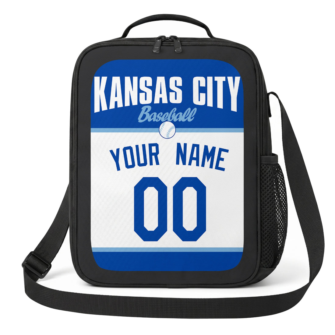 Kansas City personalized baseball lunch bag in royal blue and white showing front and angled views with custom name and number
