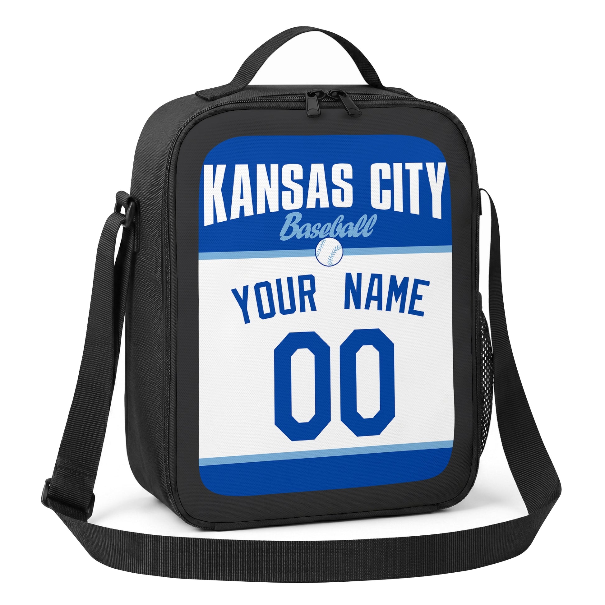 Kansas City royal blue and white personalized baseball lunch bag alternate angle with side mesh pocket top handle and shoulder strap