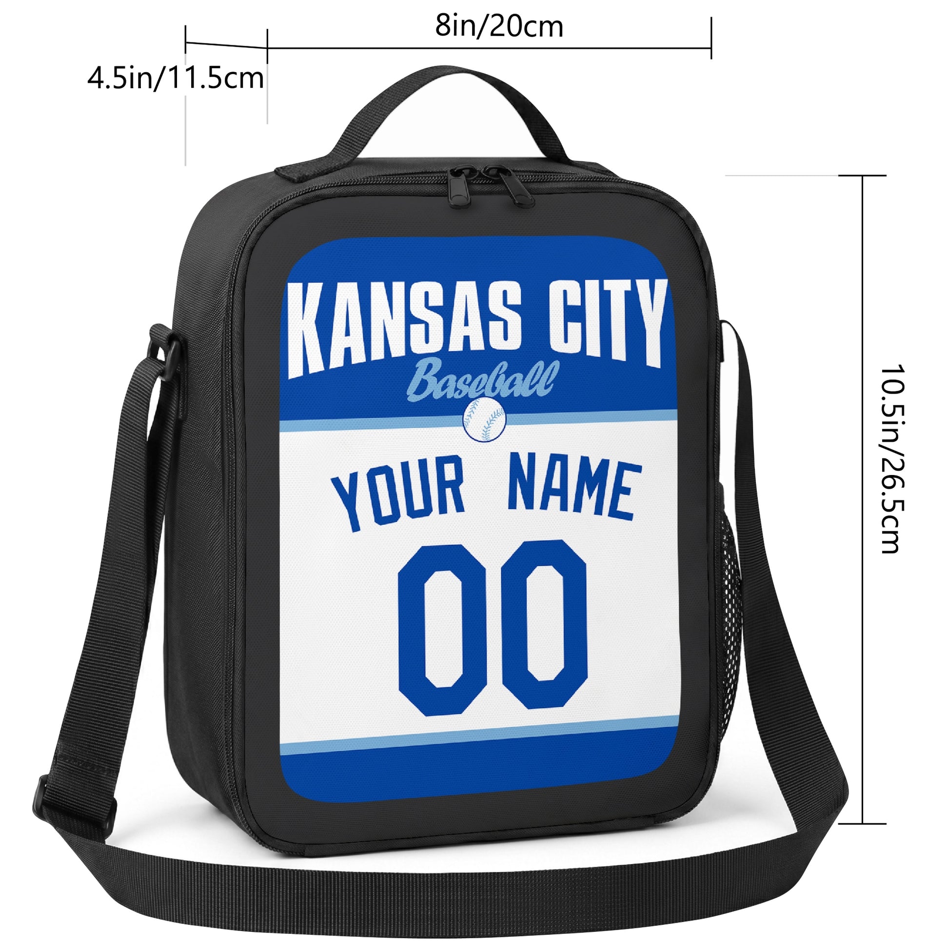 Kansas City personalized baseball lunch bag size guide showing 8 by 4.5 by 10.5 inch dimensions
