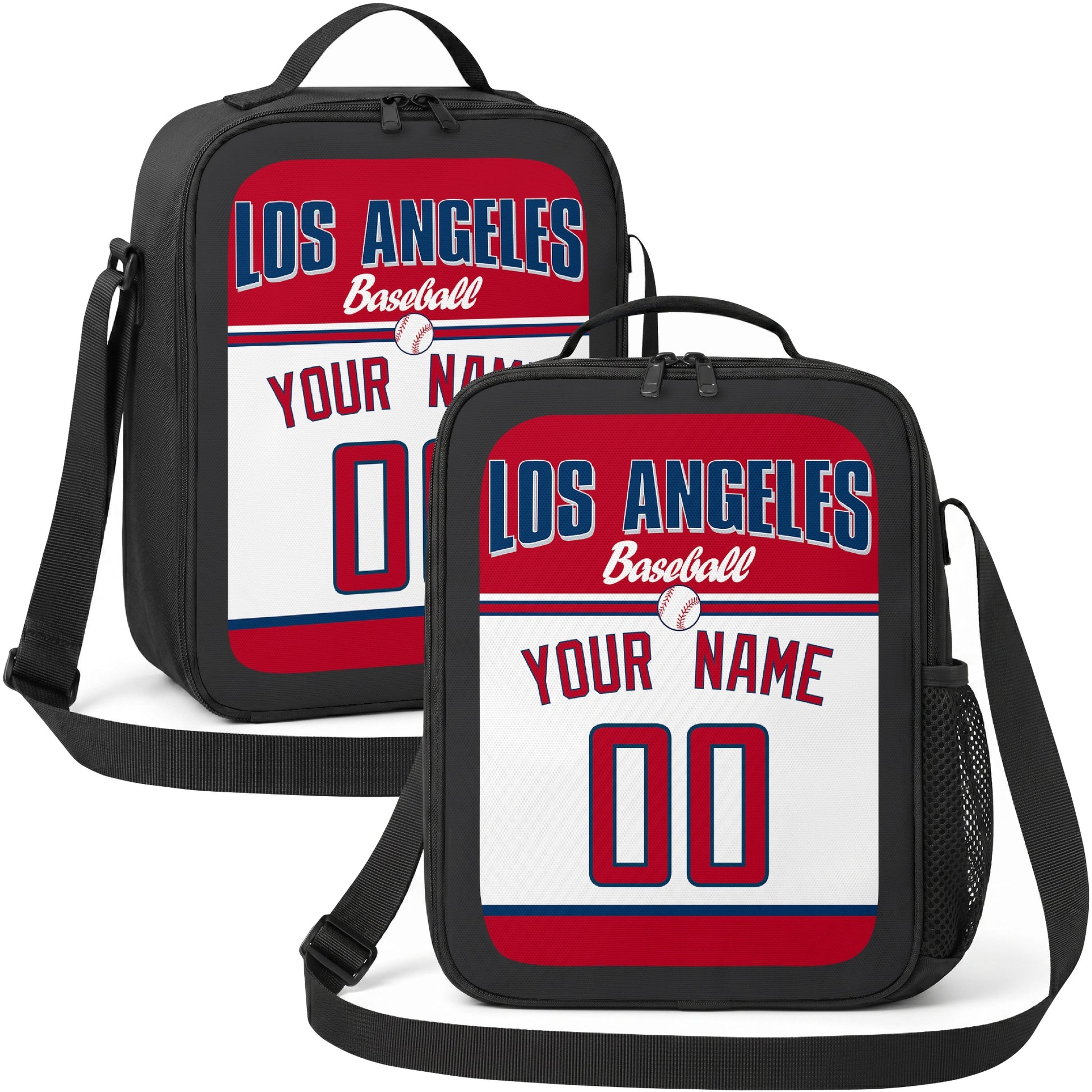 Los Angeles Red and Navy personalized baseball lunch bag in navy red and white showing front and angled views with custom name and number
