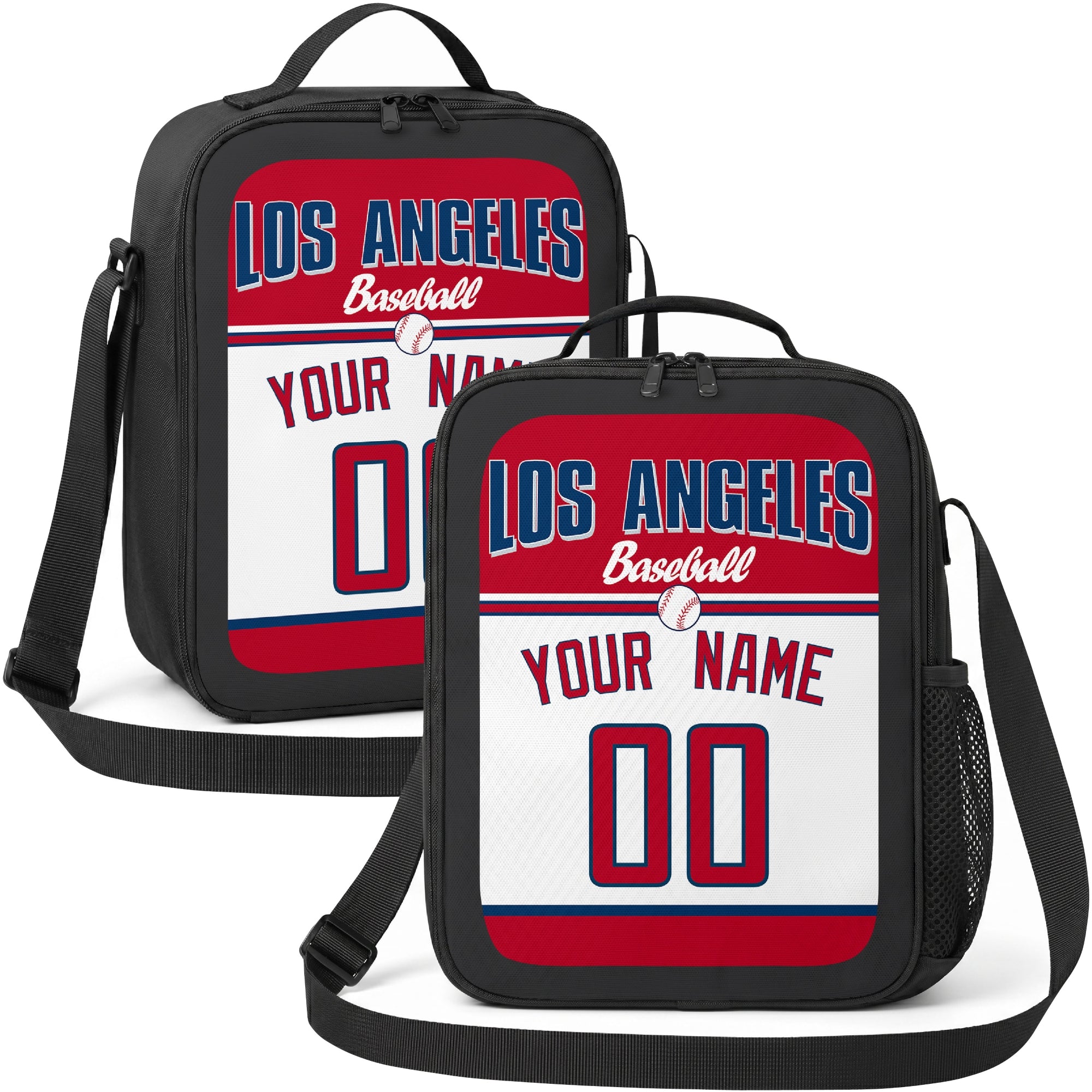 Los Angeles Red and Navy personalized baseball lunch bag in navy red and white showing front and angled views with custom name and number