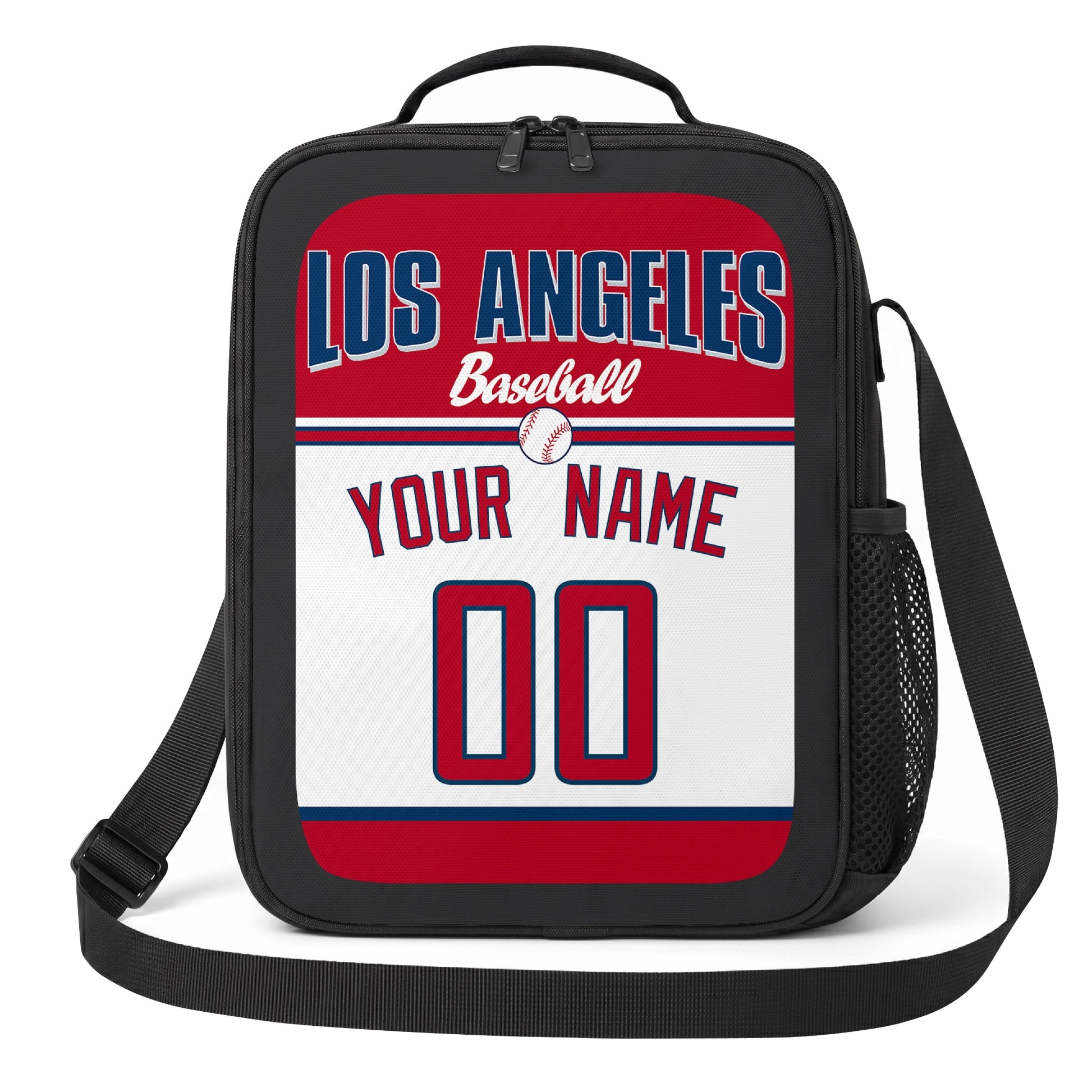 Los Angeles Red and Navy navy red and white personalized baseball lunch bag angled front view with city lettering and custom name number