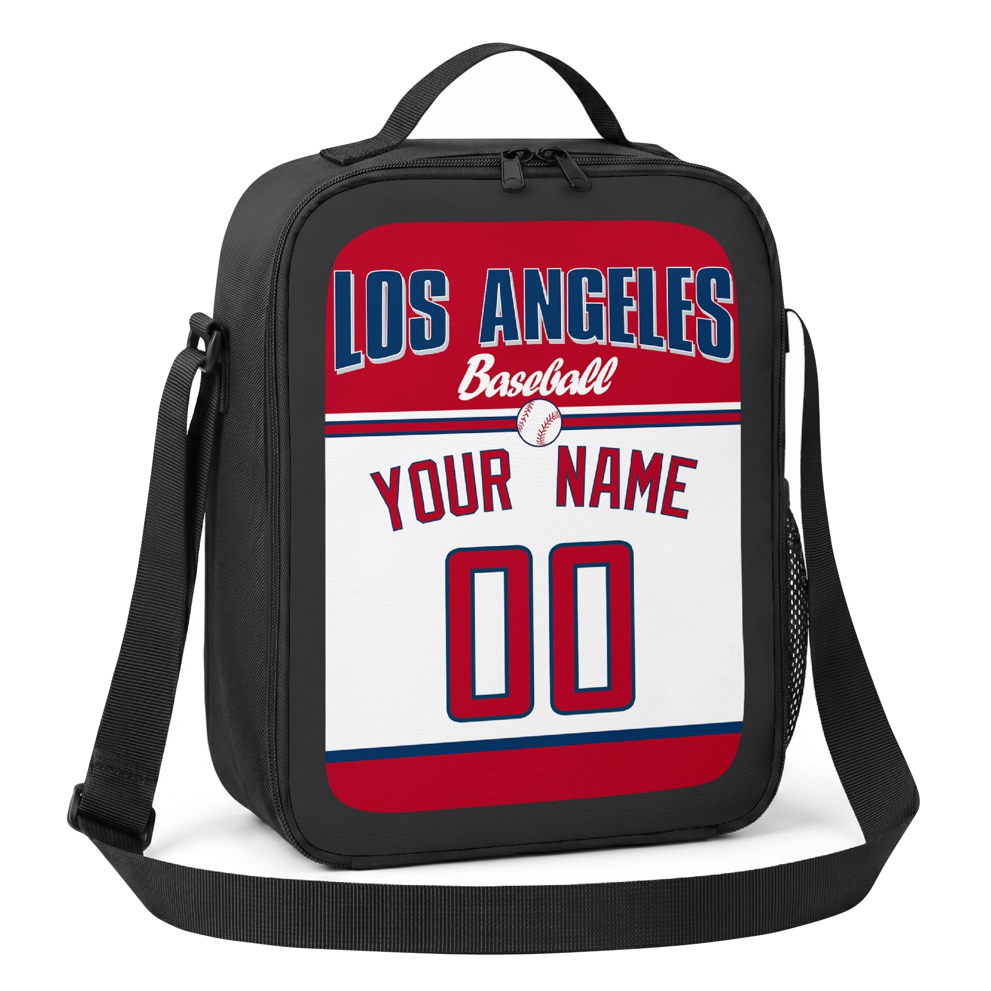 Los Angeles Red and Navy navy red and white personalized baseball lunch bag alternate angle with side mesh pocket top handle and shoulder strap