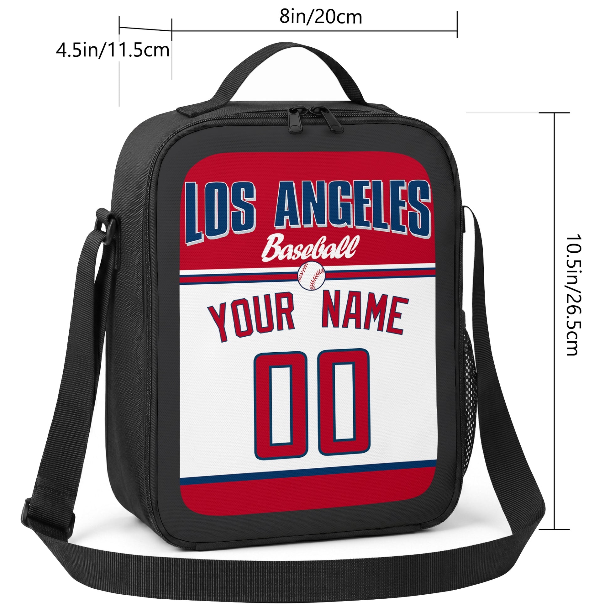 Los Angeles Red and Navy personalized baseball lunch bag size guide showing 8 by 4.5 by 10.5 inch dimensions