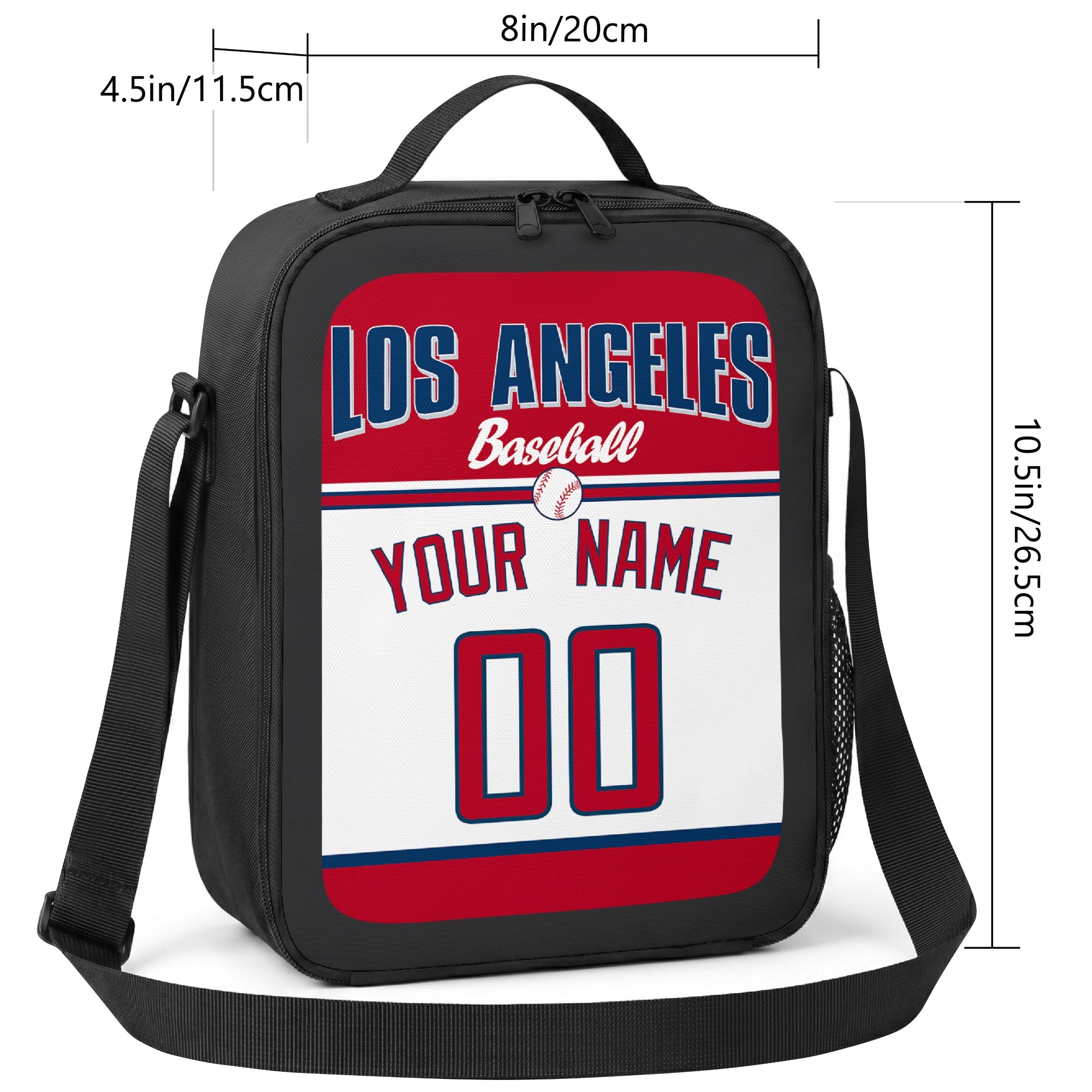 Los Angeles Red and Navy personalized baseball lunch bag size guide showing 8 by 4.5 by 10.5 inch dimensions