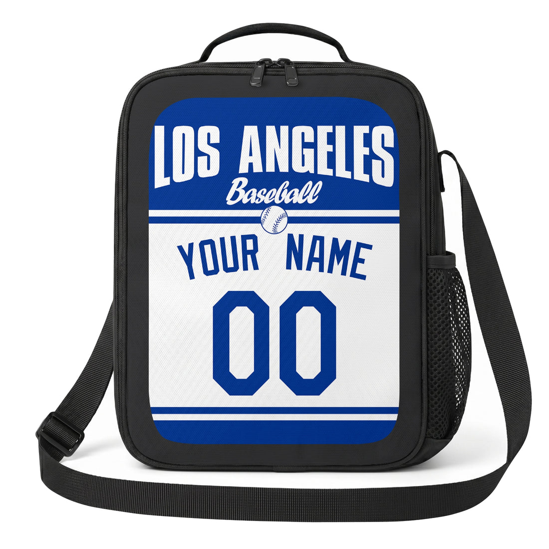 Los Angeles Blue and White personalized baseball lunch bag in royal blue and white showing front and angled views with custom name and number