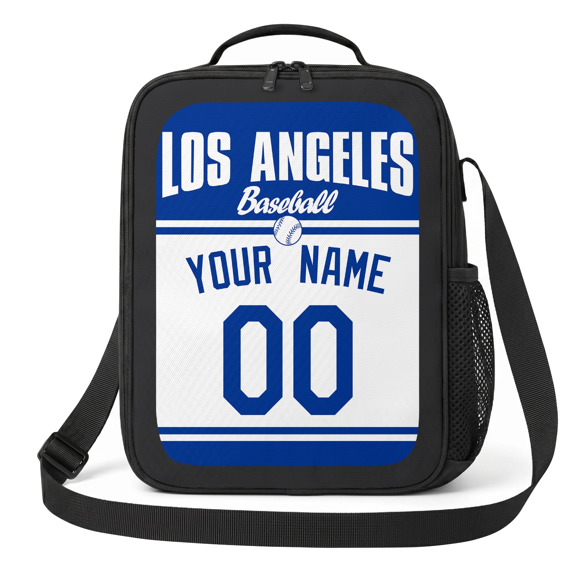 Los Angeles Blue and White royal blue and white personalized baseball lunch bag angled front view with city lettering and custom name number