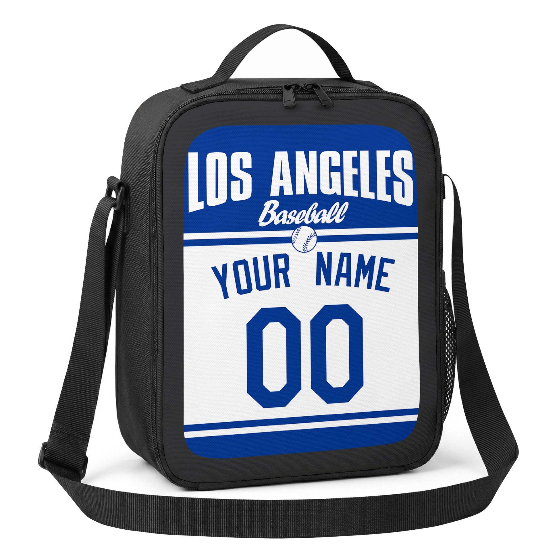 Los Angeles Blue and White royal blue and white personalized baseball lunch bag alternate angle with side mesh pocket top handle and shoulder strap