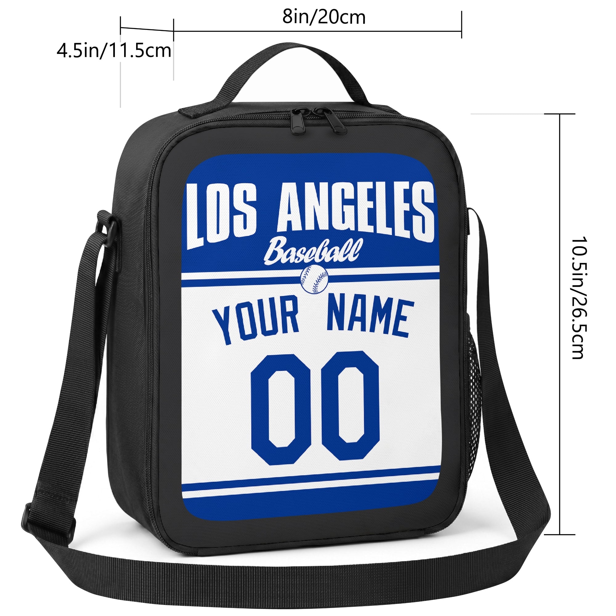 Los Angeles Blue and White personalized baseball lunch bag size guide showing 8 by 4.5 by 10.5 inch dimensions