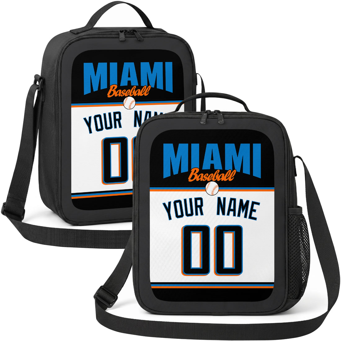 Miami personalized baseball lunch bag in black teal orange and white showing front and angled views with custom name and number