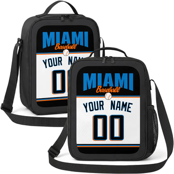 Miami personalized baseball lunch bag in black teal orange and white showing front and angled views with custom name and number
