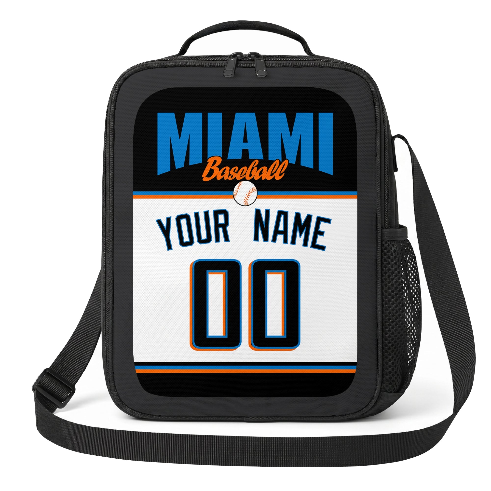 Miami black teal orange and white personalized baseball lunch bag angled front view with city lettering and custom name number